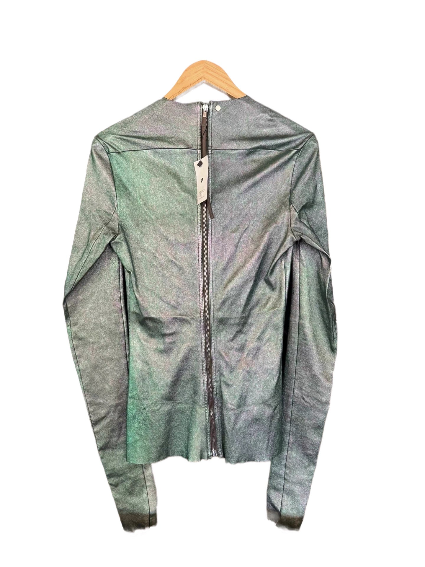 Rick Owens SS23 “EDFU” Iridescent Green Lamb Leather Fitted Panel Top with Back Zip Closure (Runway Look)