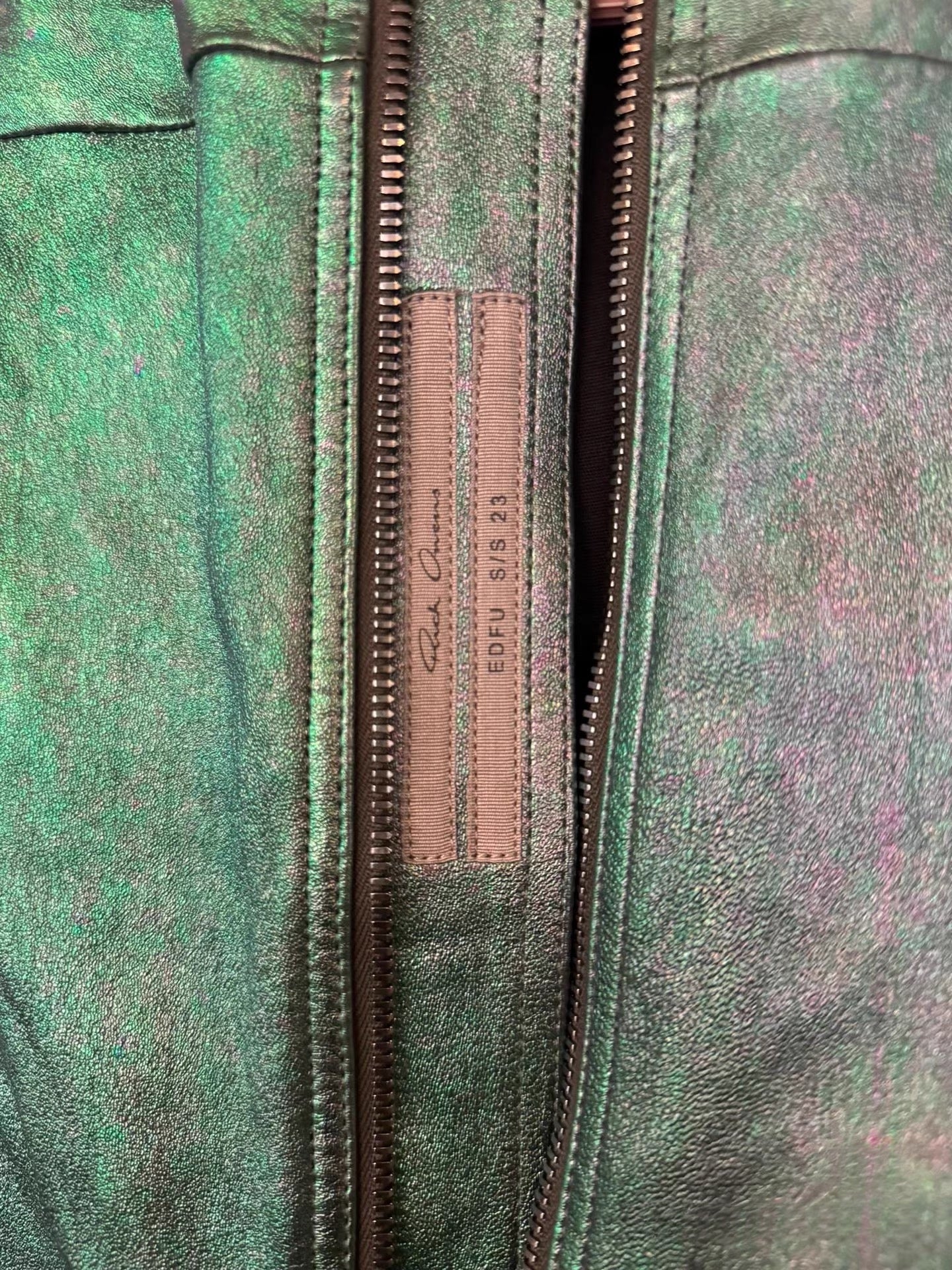 Rick Owens SS23 “EDFU” Iridescent Green Lamb Leather Fitted Panel Top with Back Zip Closure (Runway Look)