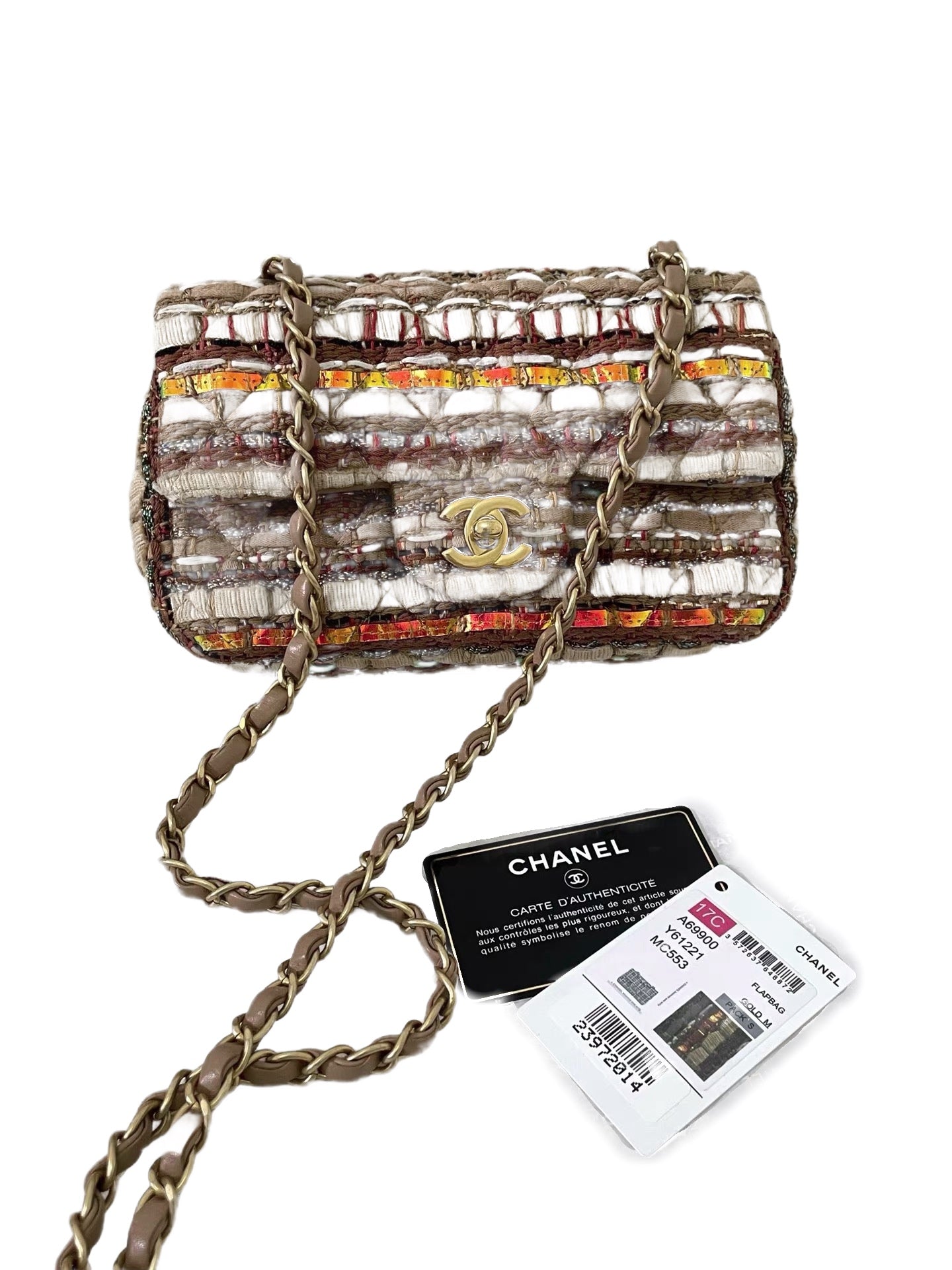 CHANEL Beige Multicolor Fantasy Tweed Mini Flap Bag with Gold CC Turnlock & Leather-Woven Chain Strap (17C Collection)