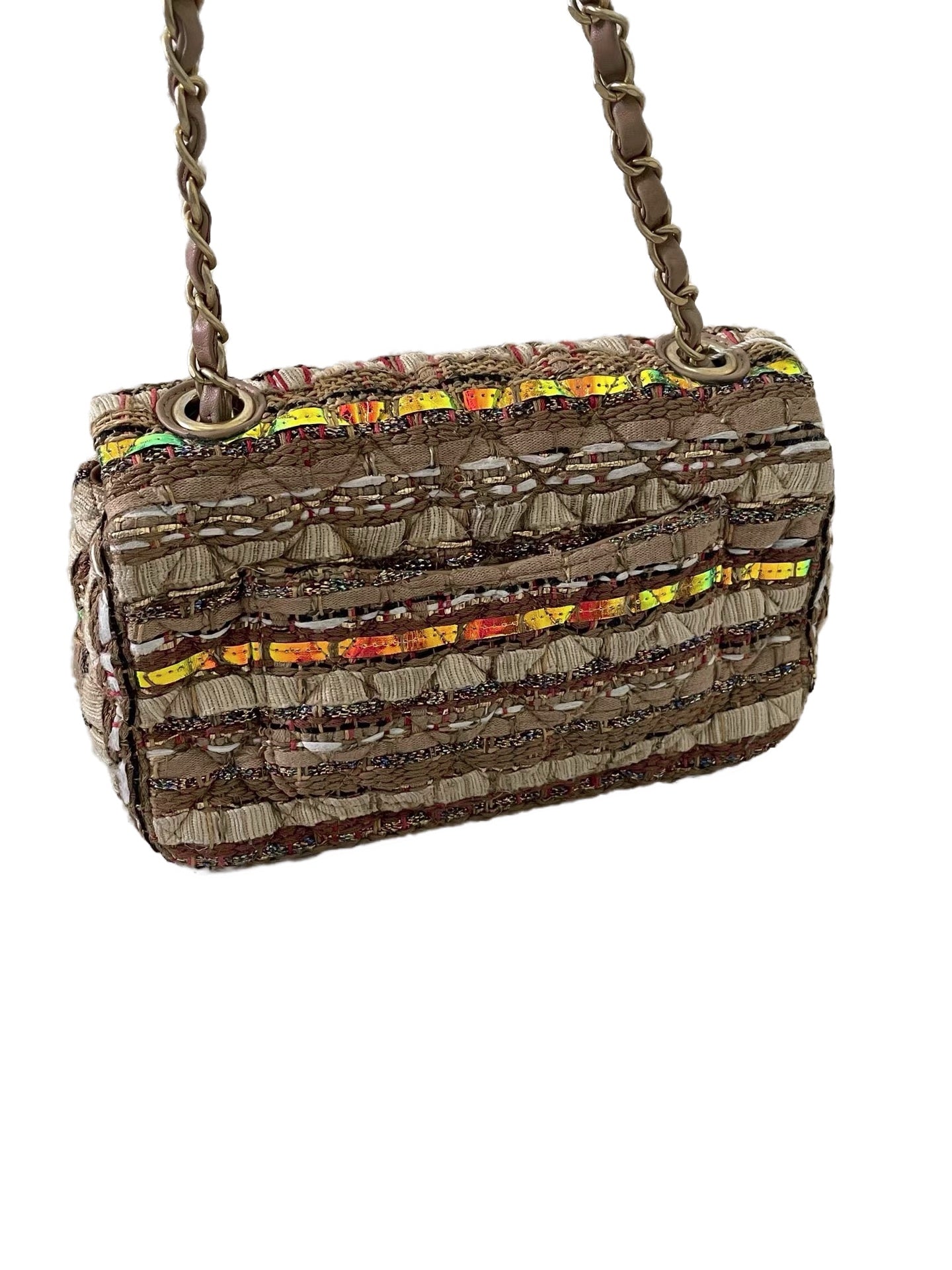 CHANEL Beige Multicolor Fantasy Tweed Mini Flap Bag with Gold CC Turnlock & Leather-Woven Chain Strap (17C Collection)