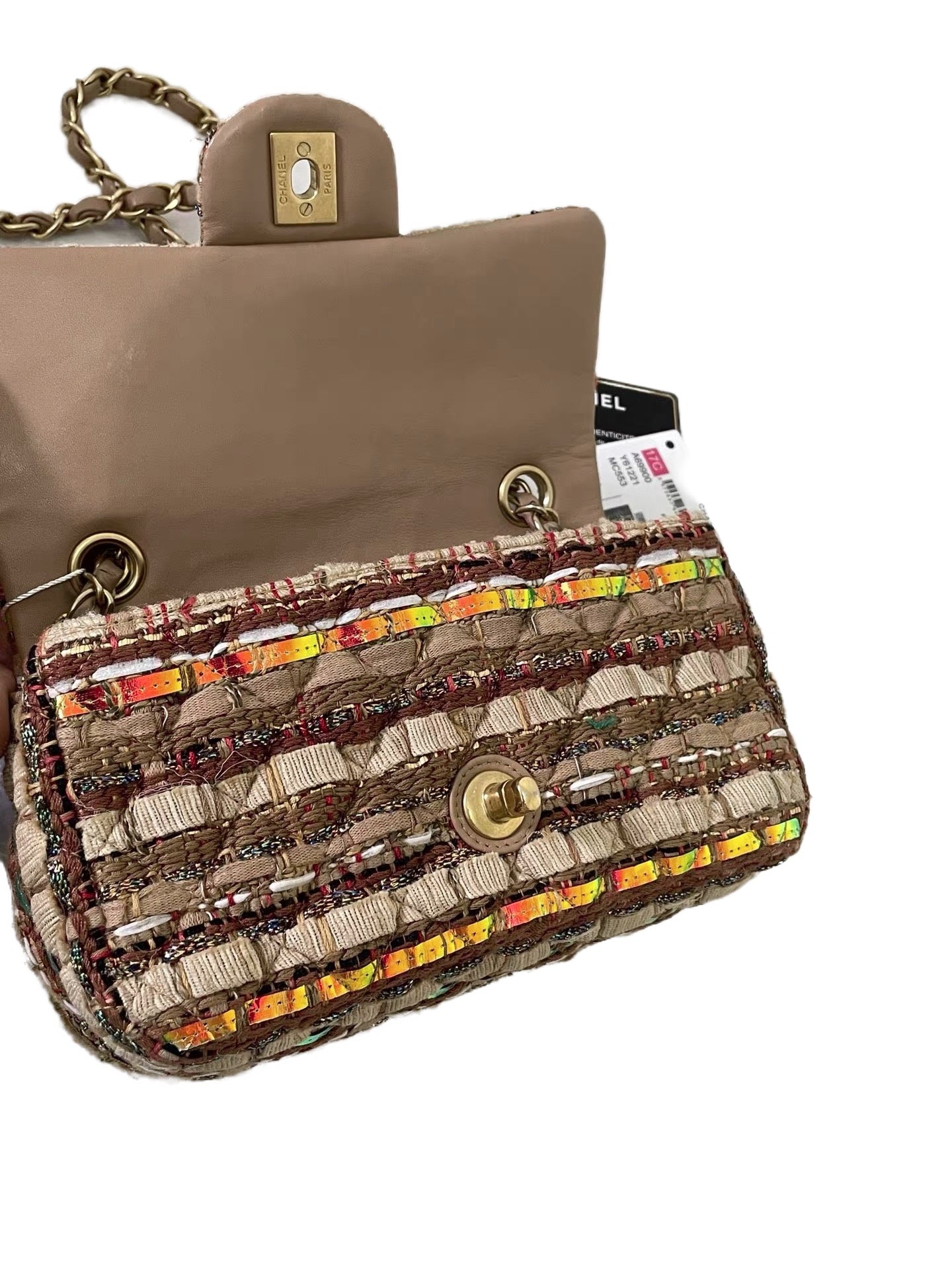 CHANEL Beige Multicolor Fantasy Tweed Mini Flap Bag with Gold CC Turnlock & Leather-Woven Chain Strap (17C Collection)