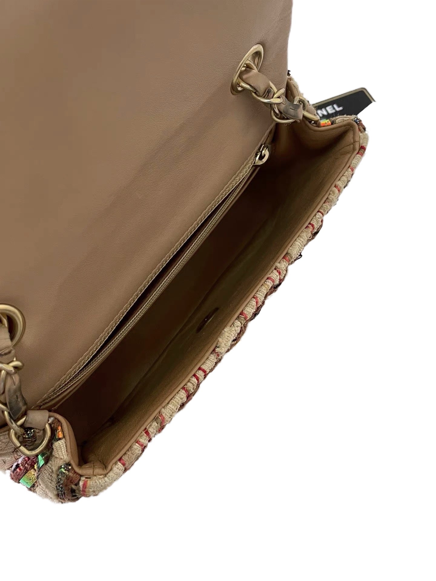 CHANEL Beige Multicolor Fantasy Tweed Mini Flap Bag with Gold CC Turnlock & Leather-Woven Chain Strap (17C Collection)