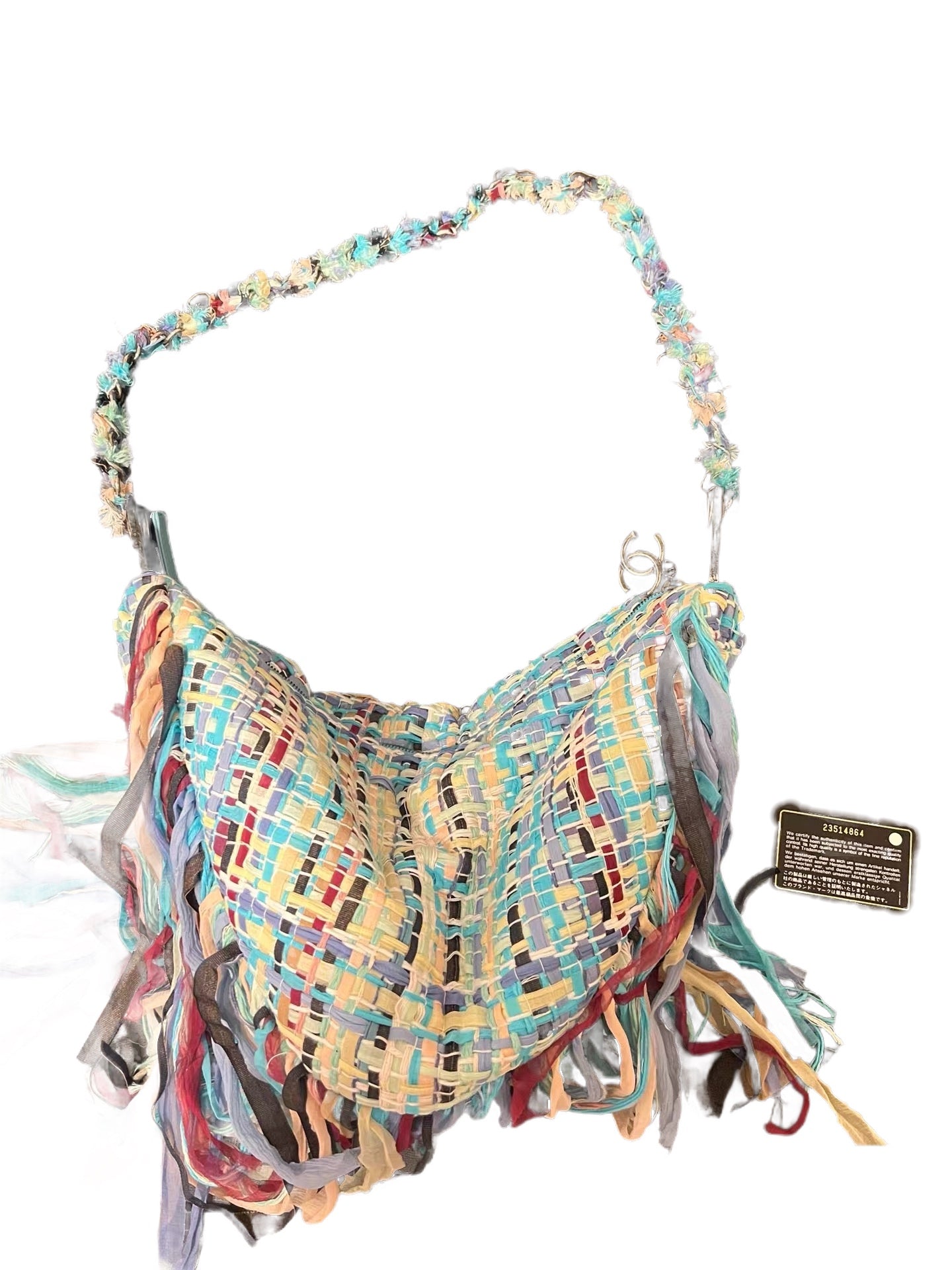 CHANEL Multicolor Fringed Woven Raffia Shoulder Bag with Braided Strap & CC Zipper Pull (Circa 2000s, Vintage)