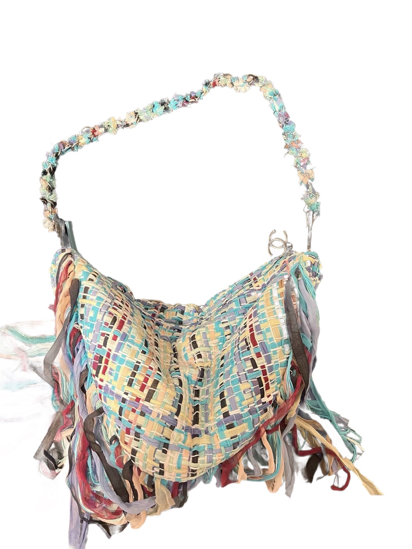CHANEL Multicolor Fringed Woven Raffia Shoulder Bag with Braided Strap & CC Zipper Pull (Circa 2000s, Vintage)