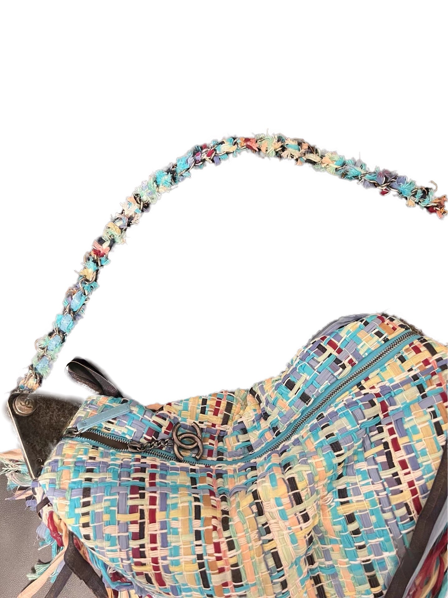 CHANEL Multicolor Fringed Woven Raffia Shoulder Bag with Braided Strap & CC Zipper Pull (Circa 2000s, Vintage)