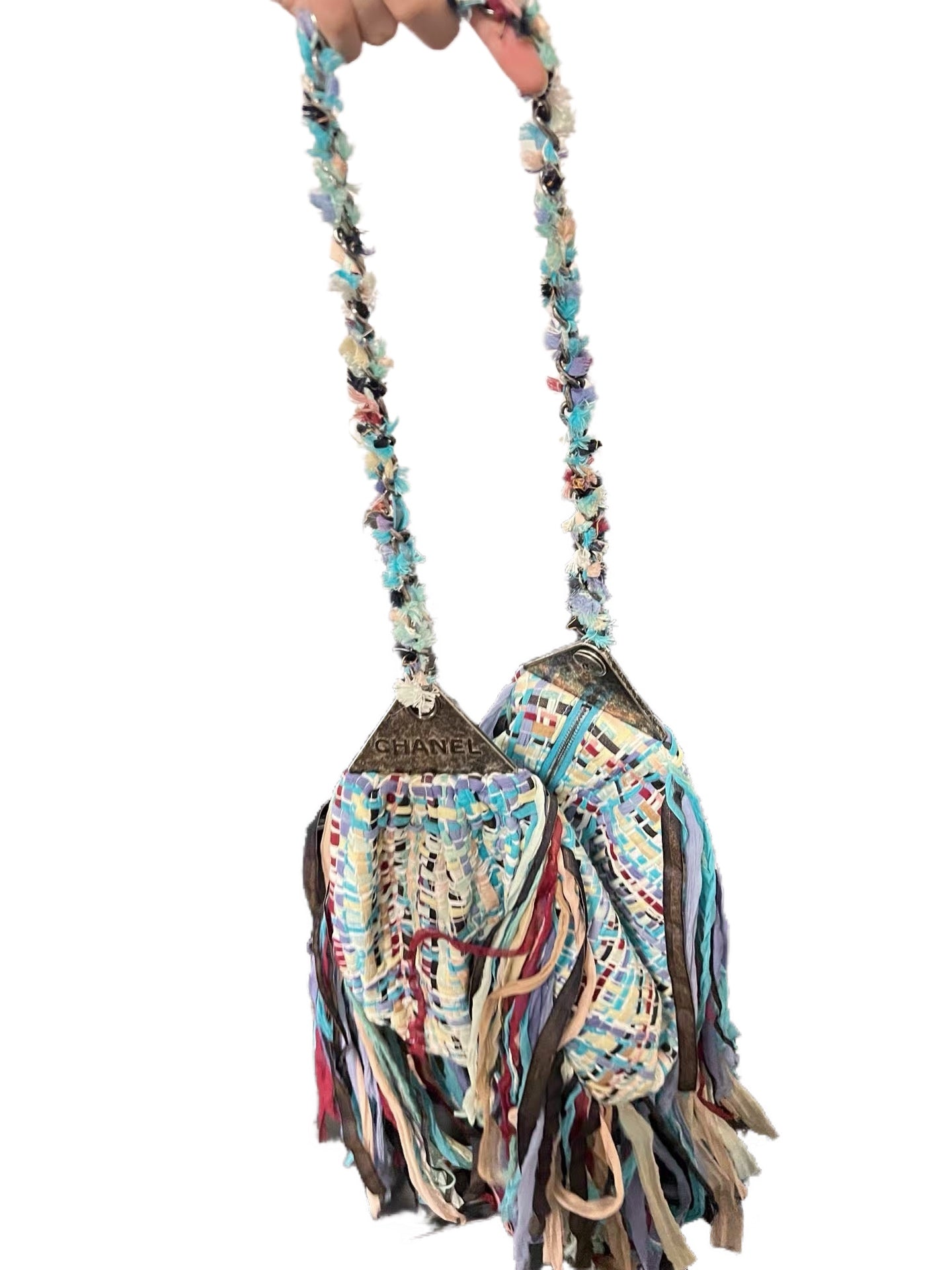 CHANEL Multicolor Fringed Woven Raffia Shoulder Bag with Braided Strap & CC Zipper Pull (Circa 2000s, Vintage)