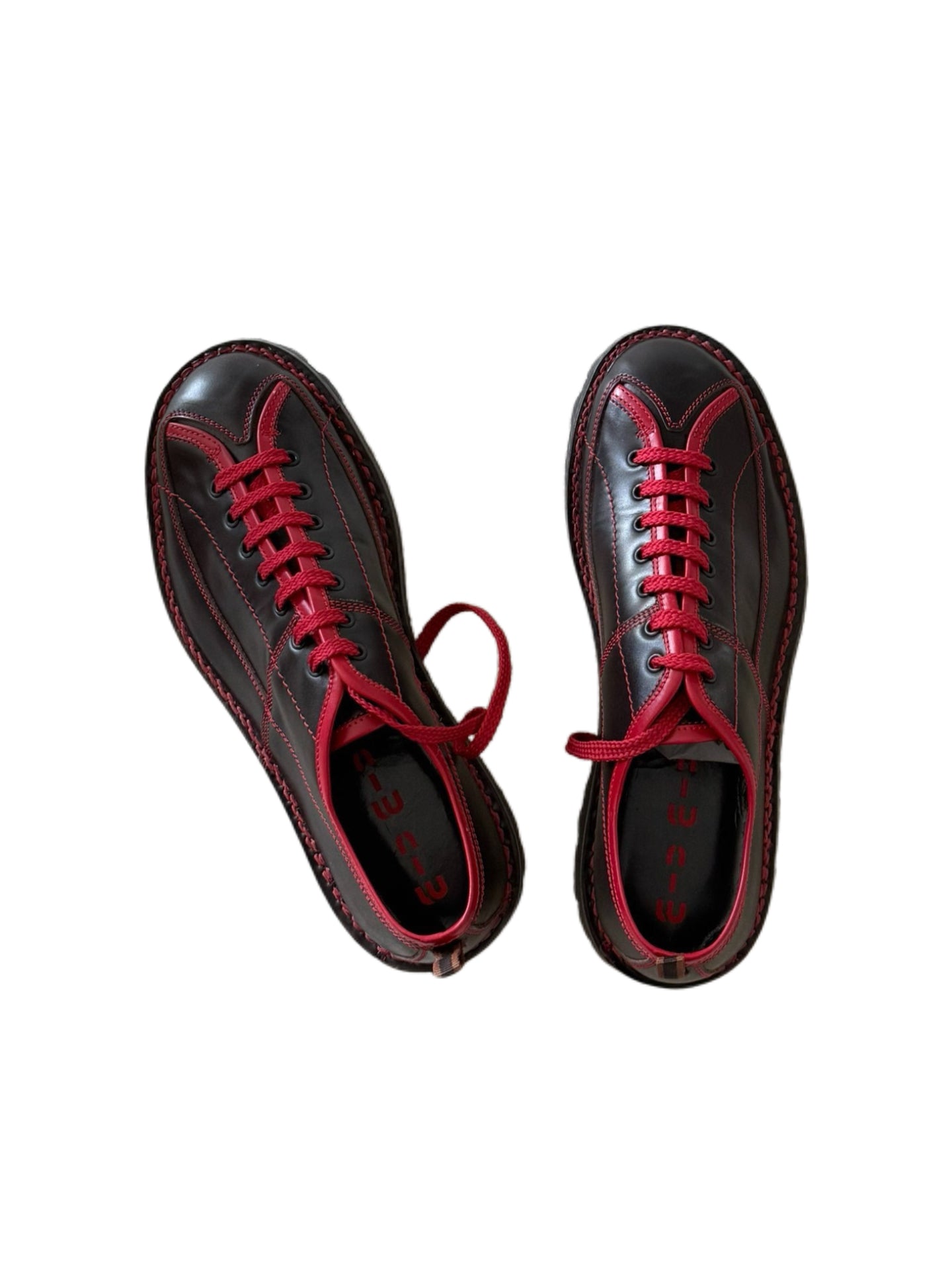 Miu Miu Vintage Men’s Bowling Collection Leather Lace-Up Shoes Black & Red Contrast Stitch Runway Style