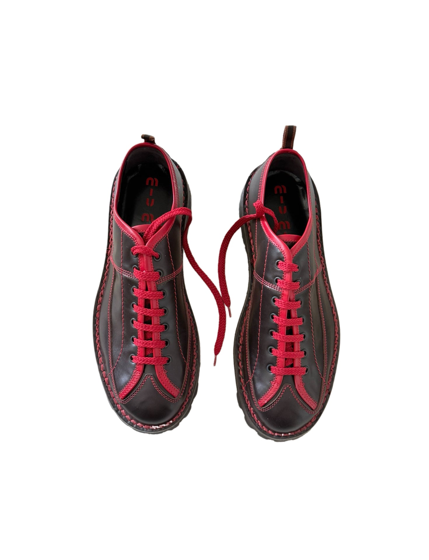 Miu Miu Vintage Men’s Bowling Collection Leather Lace-Up Shoes Black & Red Contrast Stitch Runway Style
