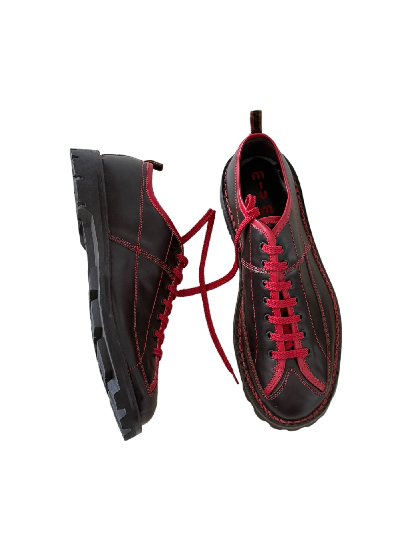 Miu Miu Vintage Men’s Bowling Collection Leather Lace-Up Shoes Black & Red Contrast Stitch Runway Style