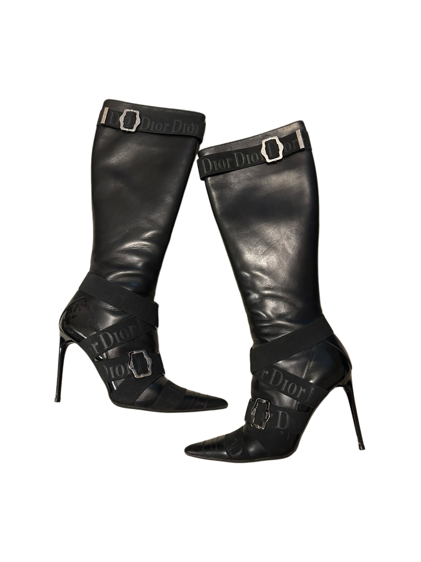 Christian Dior by John Galliano Black Logo Strap Punk Knee-High Stiletto Boots Pointed Toe Vintage Archive