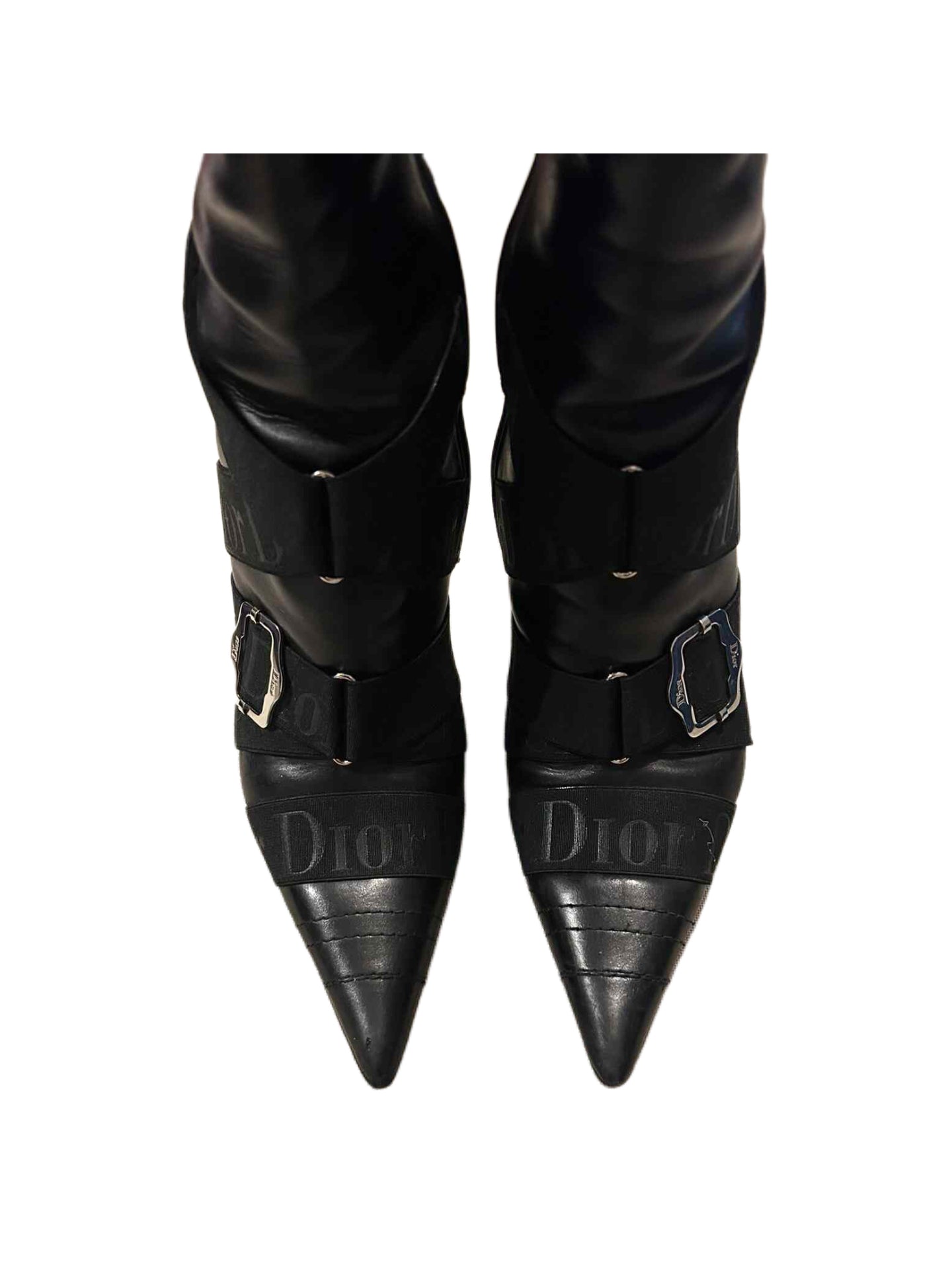 Christian Dior by John Galliano Black Logo Strap Punk Knee-High Stiletto Boots Pointed Toe Vintage Archive