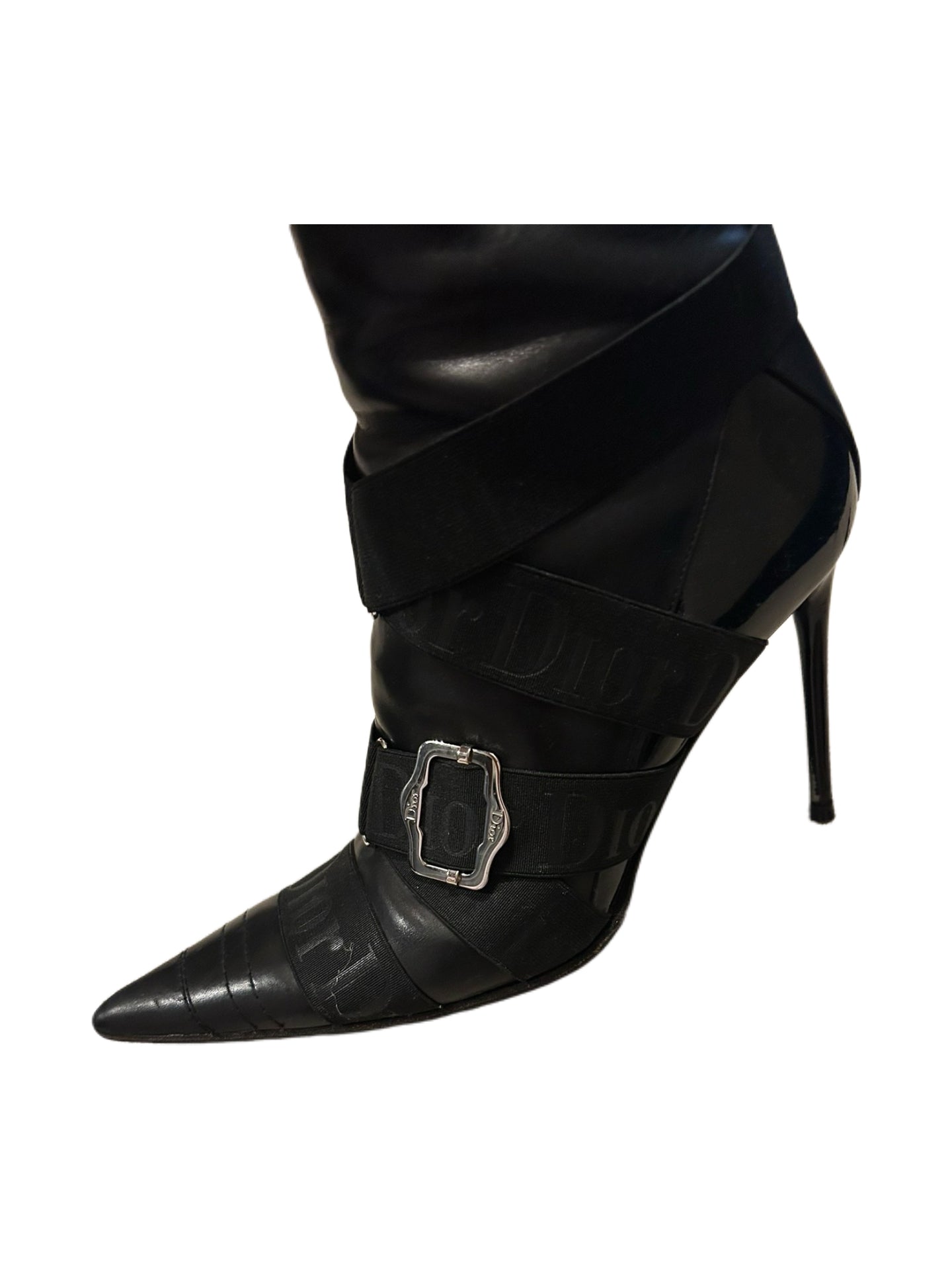 Christian Dior by John Galliano Black Logo Strap Punk Knee-High Stiletto Boots Pointed Toe Vintage Archive