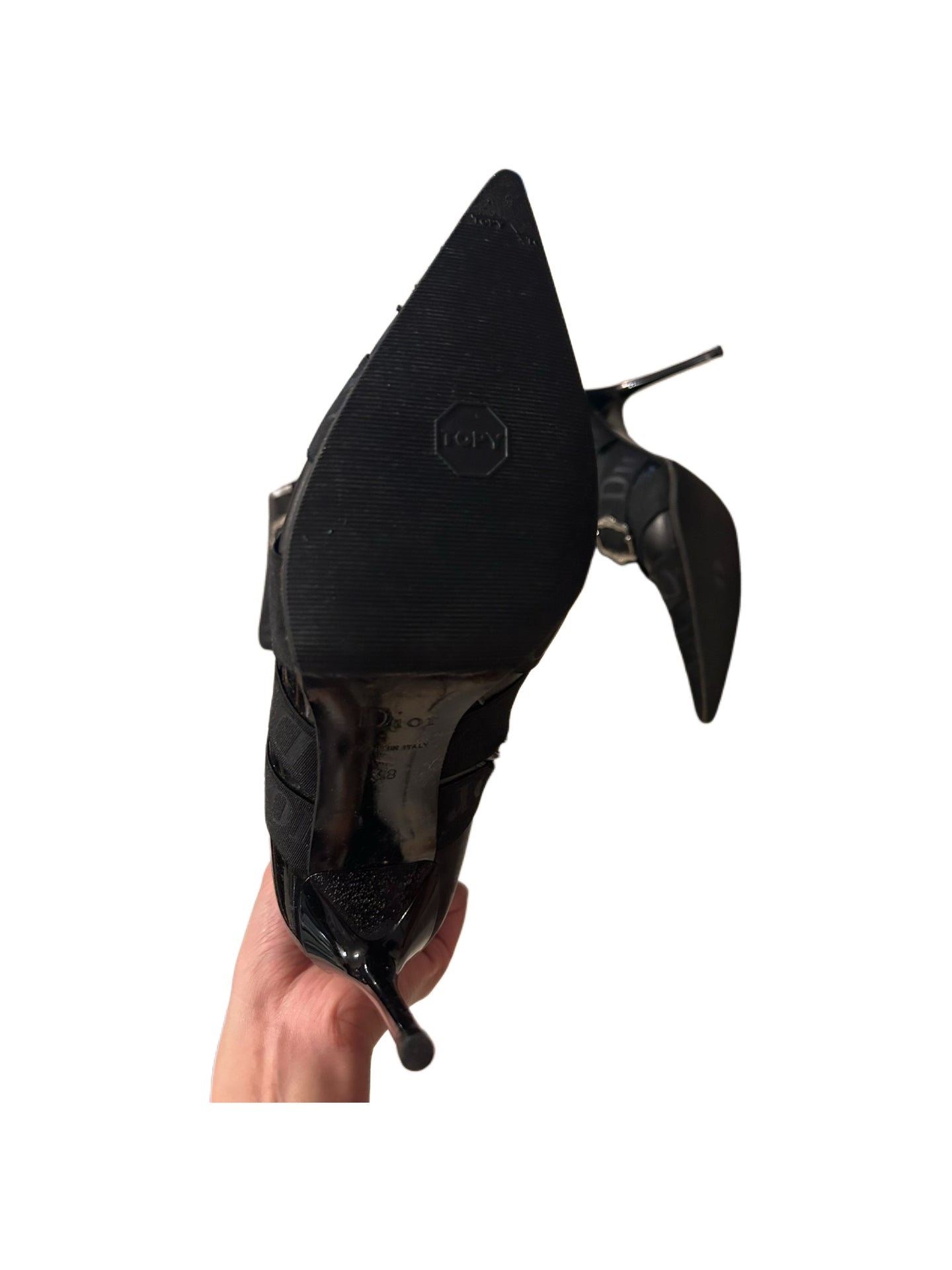 Christian Dior by John Galliano Black Logo Strap Punk Knee-High Stiletto Boots Pointed Toe Vintage Archive