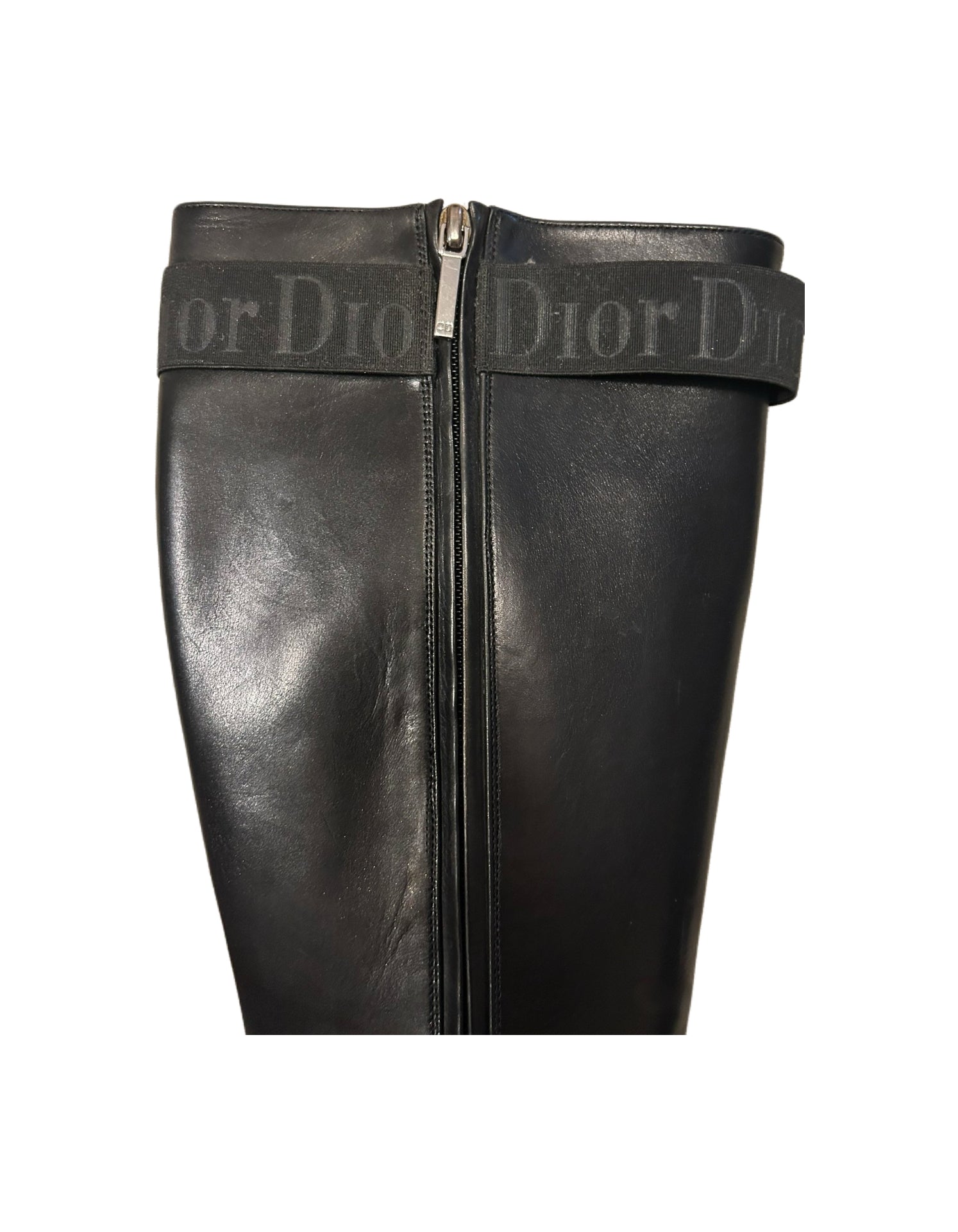 Christian Dior by John Galliano Black Logo Strap Punk Knee-High Stiletto Boots Pointed Toe Vintage Archive