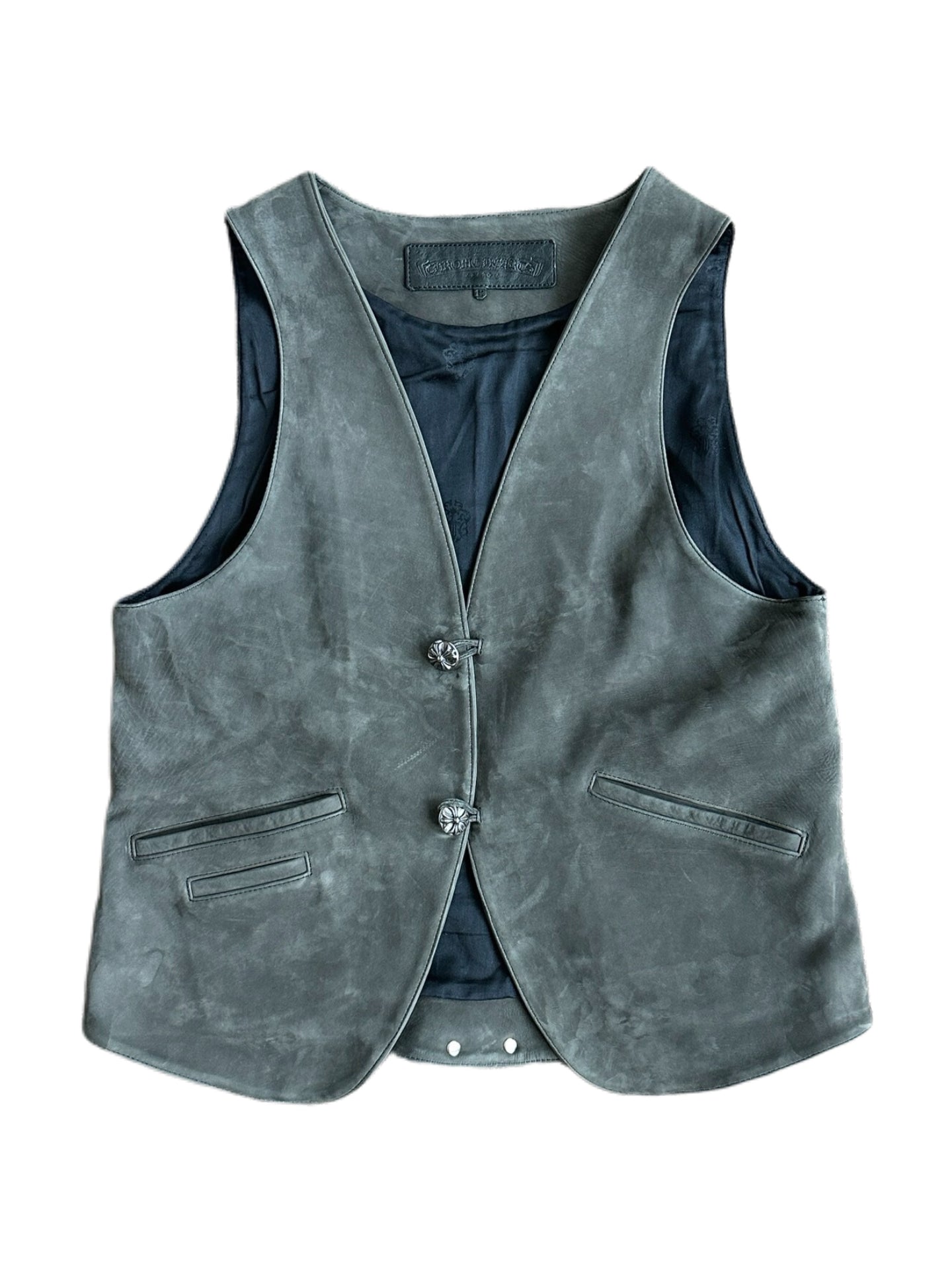 Chrome Hearts Grey Suede Leather Vest Silver Cross Button Archive Waistcoat Rare Collector Piece Size L