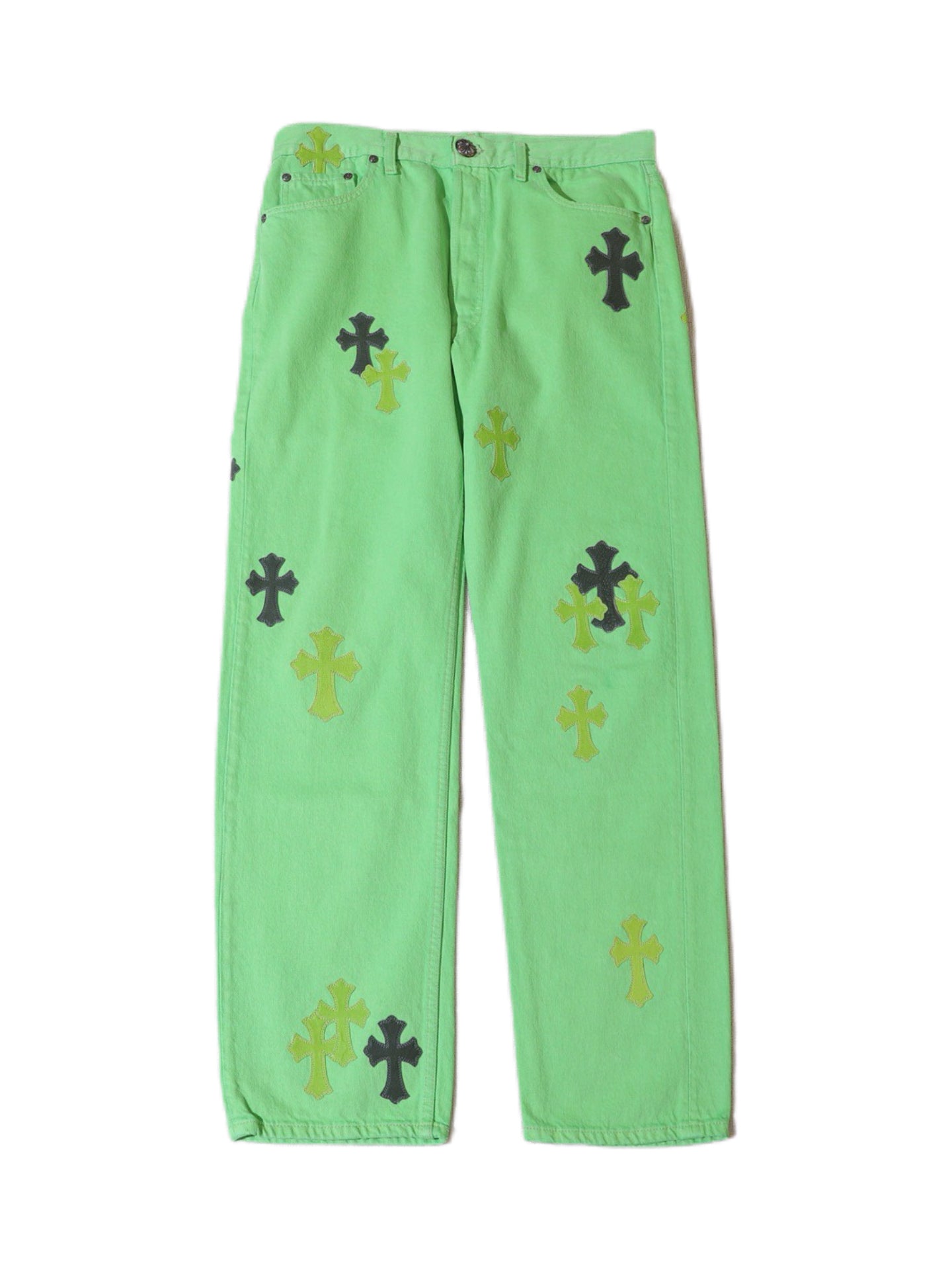Chrome Hearts x Levi’s 501 SEX Records Exclusive Neon Green Cross Patch Jeans – Rare Exhibition Limited Piece