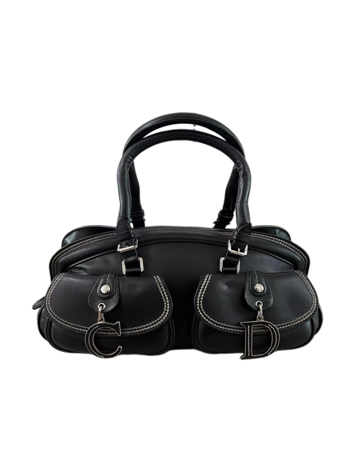Christian Dior by John Galliano Black Leather Detective Bag Double Pocket CD Charm Rare Vintage
