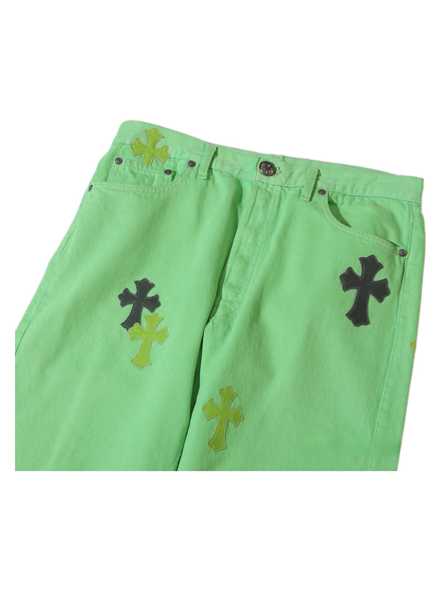 Chrome Hearts x Levi’s 501 SEX Records Exclusive Neon Green Cross Patch Jeans – Rare Exhibition Limited Piece