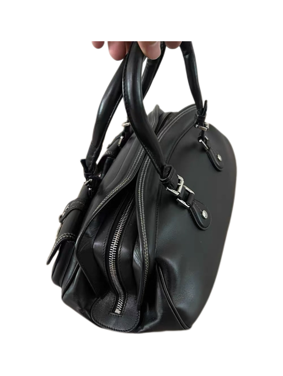 Christian Dior by John Galliano Black Leather Detective Bag Double Pocket CD Charm Rare Vintage