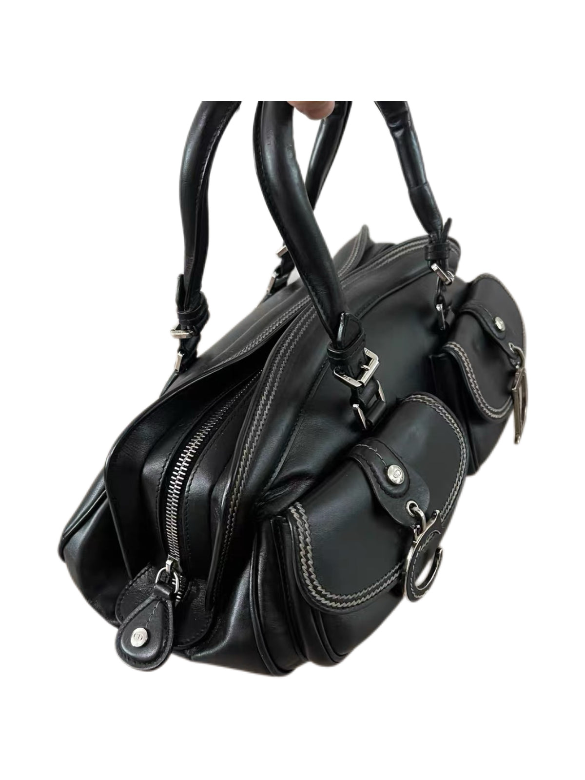 Christian Dior by John Galliano Black Leather Detective Bag Double Pocket CD Charm Rare Vintage