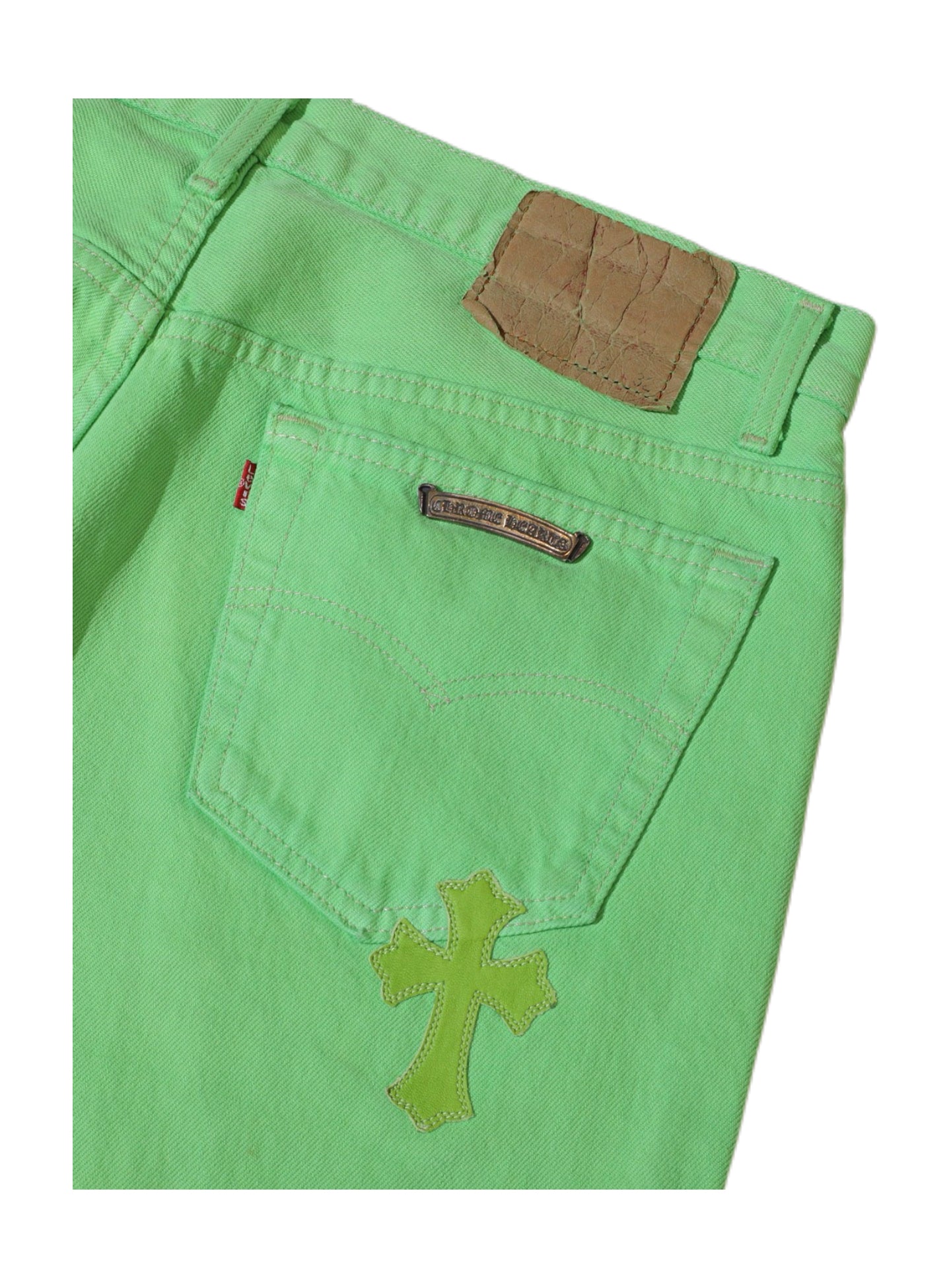 Chrome Hearts x Levi’s 501 SEX Records Exclusive Neon Green Cross Patch Jeans – Rare Exhibition Limited Piece