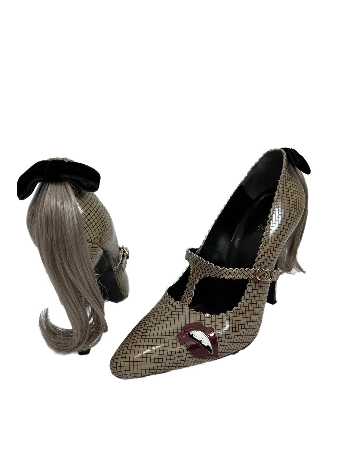 UNDERCOVER “Doll Parts” Checkered Leather Mary Jane Heels with Ponytail Hair Bows & Lip Appliqué (Runway Archive)