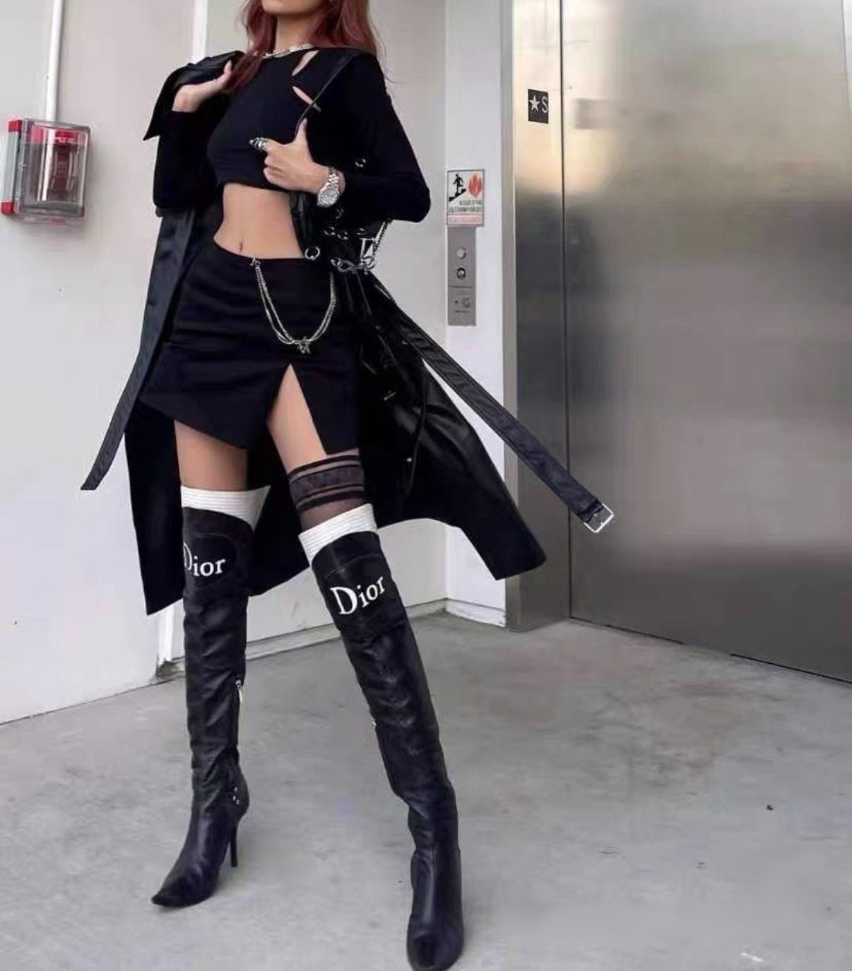 Christian Dior by John Galliano Black & White Over-the-Knee Leather Boots Dior Logo Thigh High Heels Rare Y2K Archive