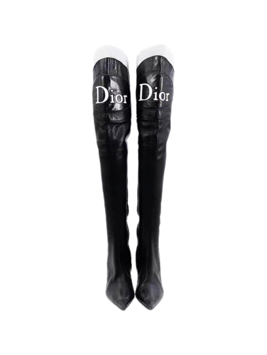 Christian Dior by John Galliano Black & White Over-the-Knee Leather Boots Dior Logo Thigh High Heels Rare Y2K Archive
