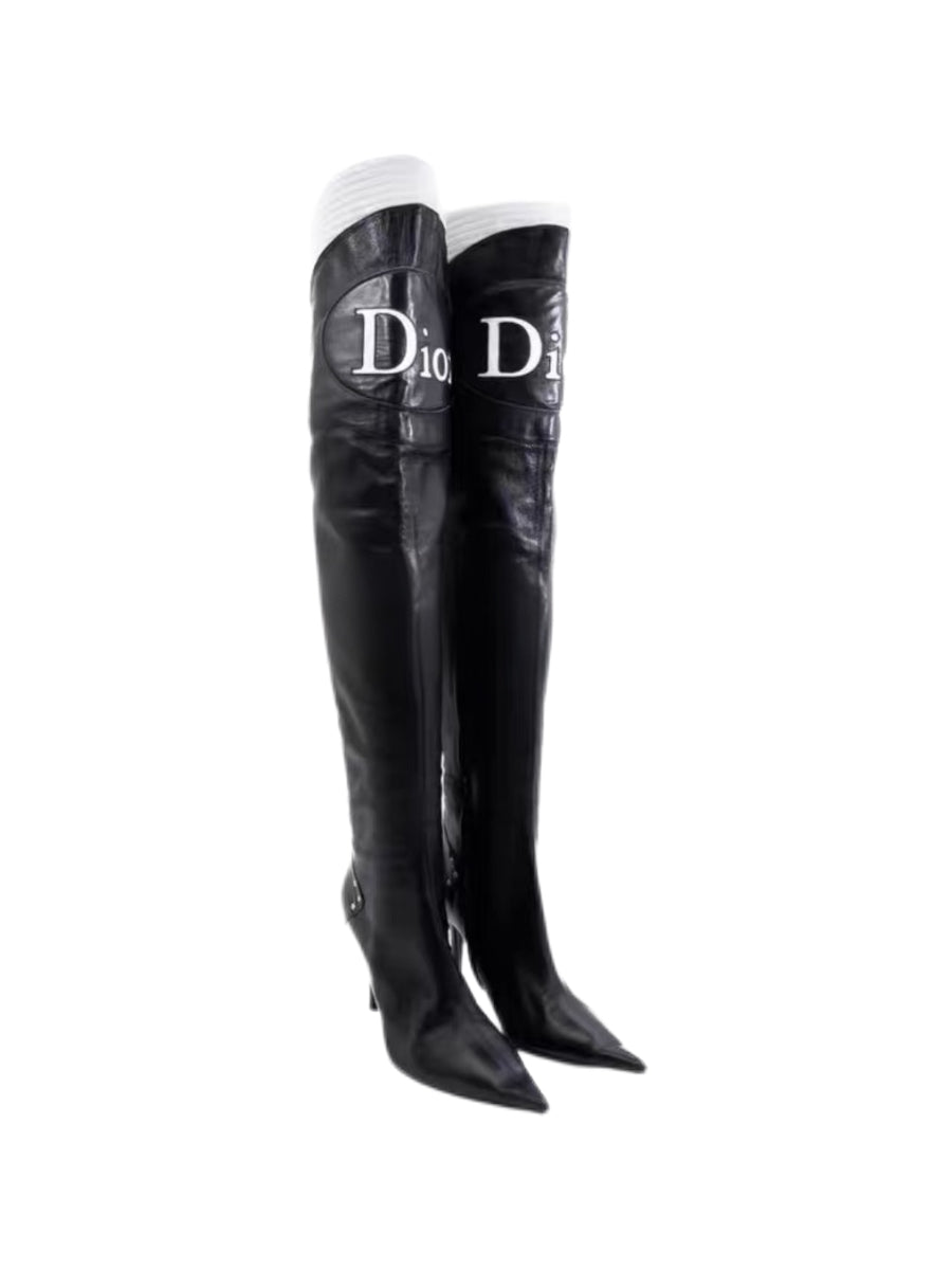 Christian Dior by John Galliano Black & White Over-the-Knee Leather Boots Dior Logo Thigh High Heels Rare Y2K Archive