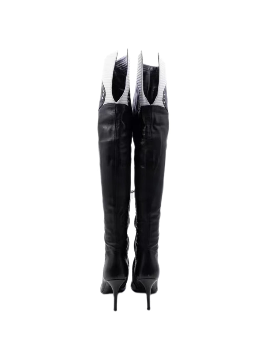 Christian Dior by John Galliano Black & White Over-the-Knee Leather Boots Dior Logo Thigh High Heels Rare Y2K Archive