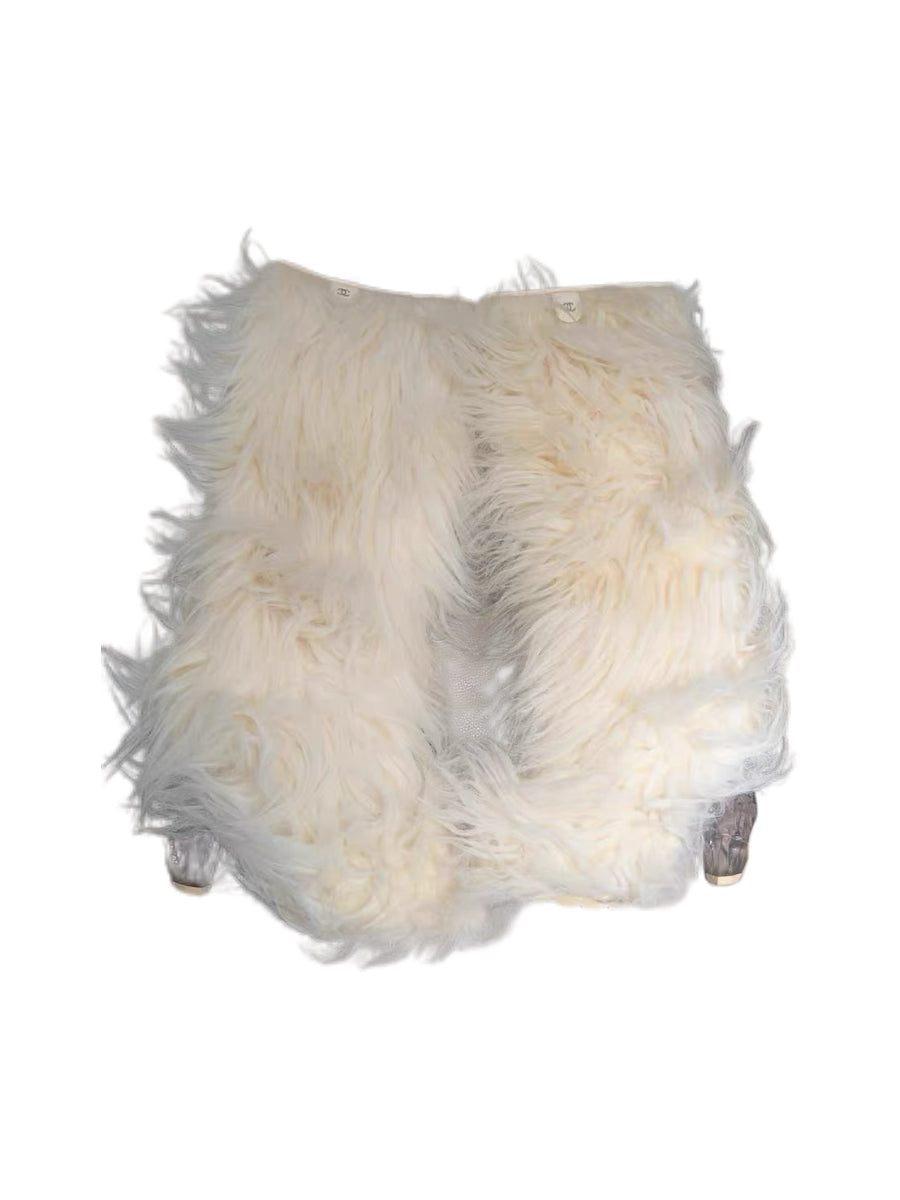 CHANEL White Fur Knee-High Boots Runway Edition Shearling High Boots Rare Statement Piece