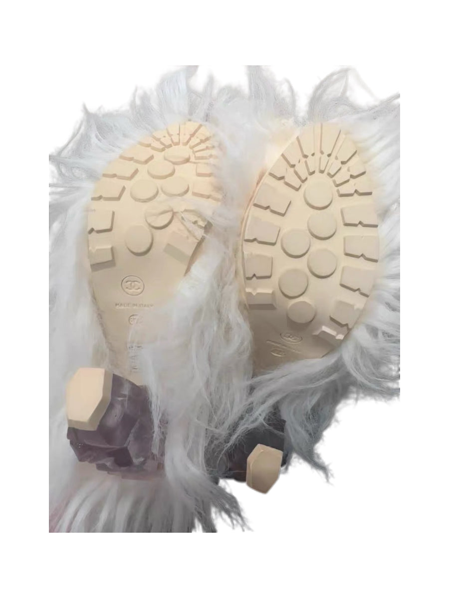CHANEL White Fur Knee-High Boots Runway Edition Shearling High Boots Rare Statement Piece