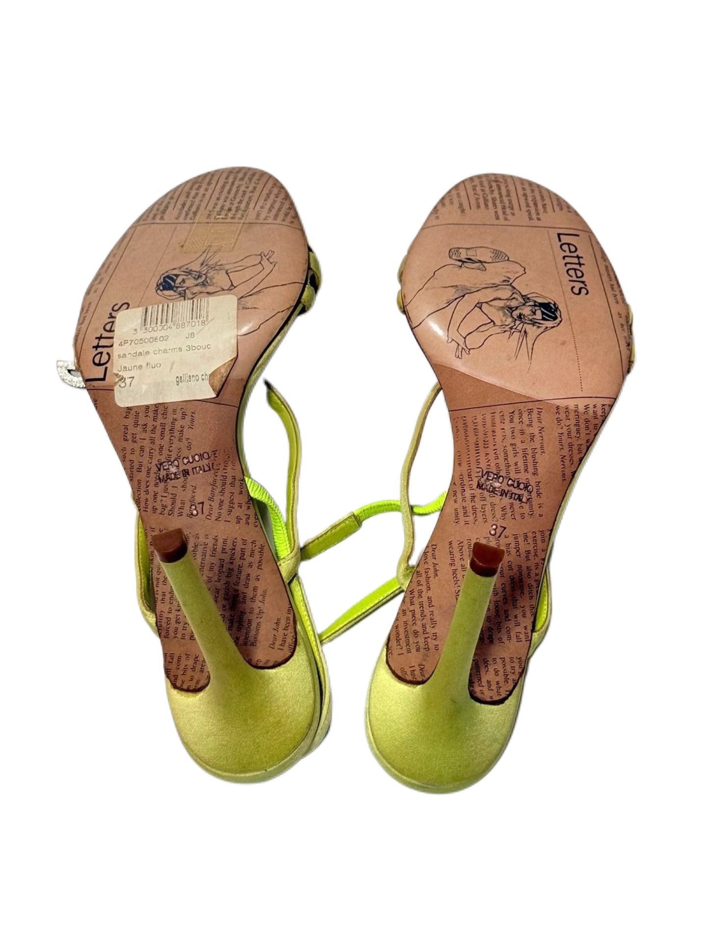 John Galliano Vintage Lime Green Satin Crystal Buckle Heeled Sandals Size 37 Rare Archive