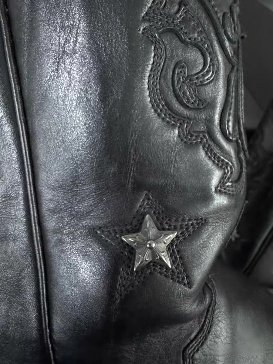 Chrome Hearts Black Leather Cowboy Boots Silver Star Detail Western Embroidered Rare Archive Men’s