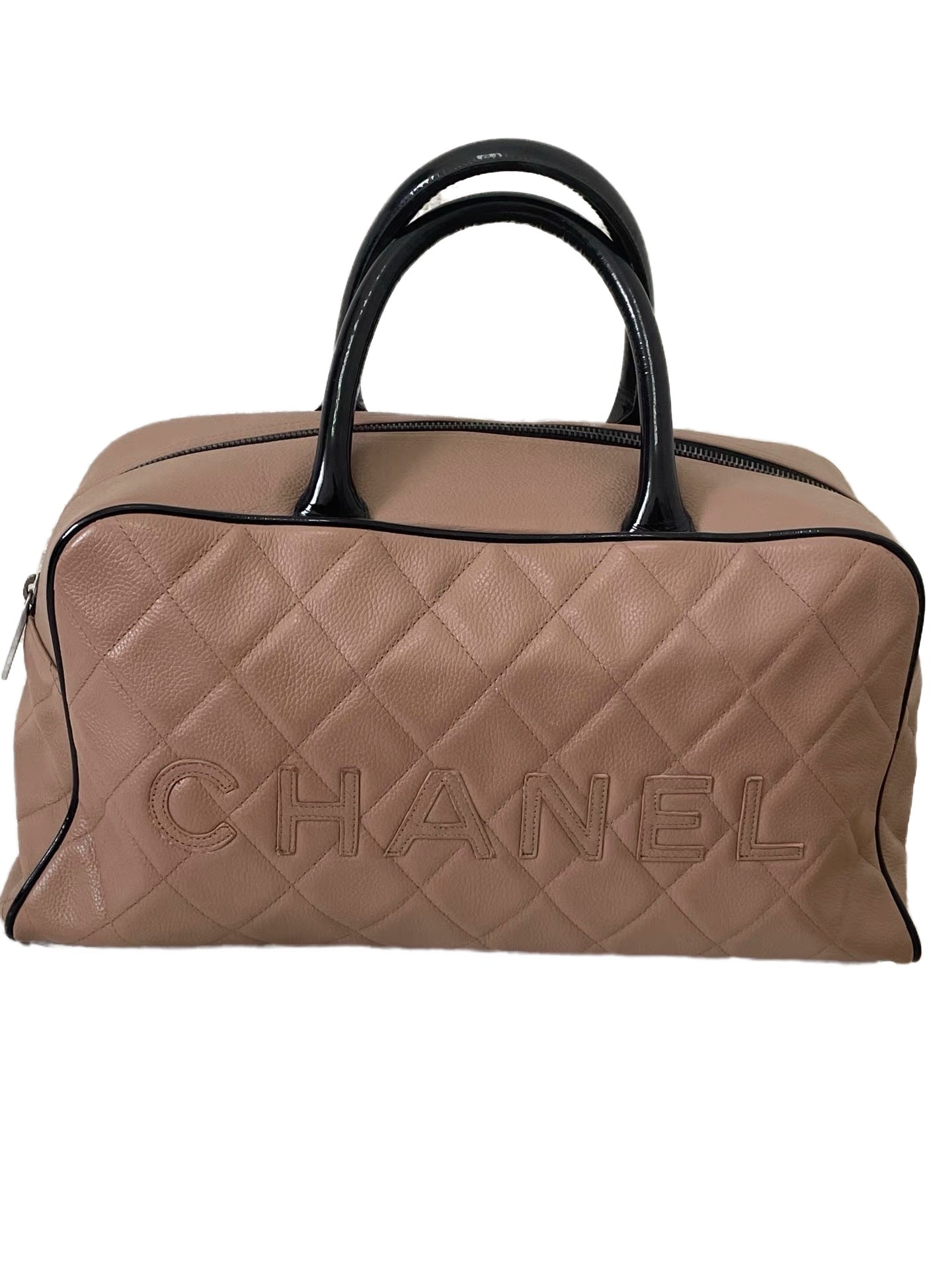 CHANEL Cambon Quilted Calfskin Boston Bag with Black Patent Handles & Oversized Logo