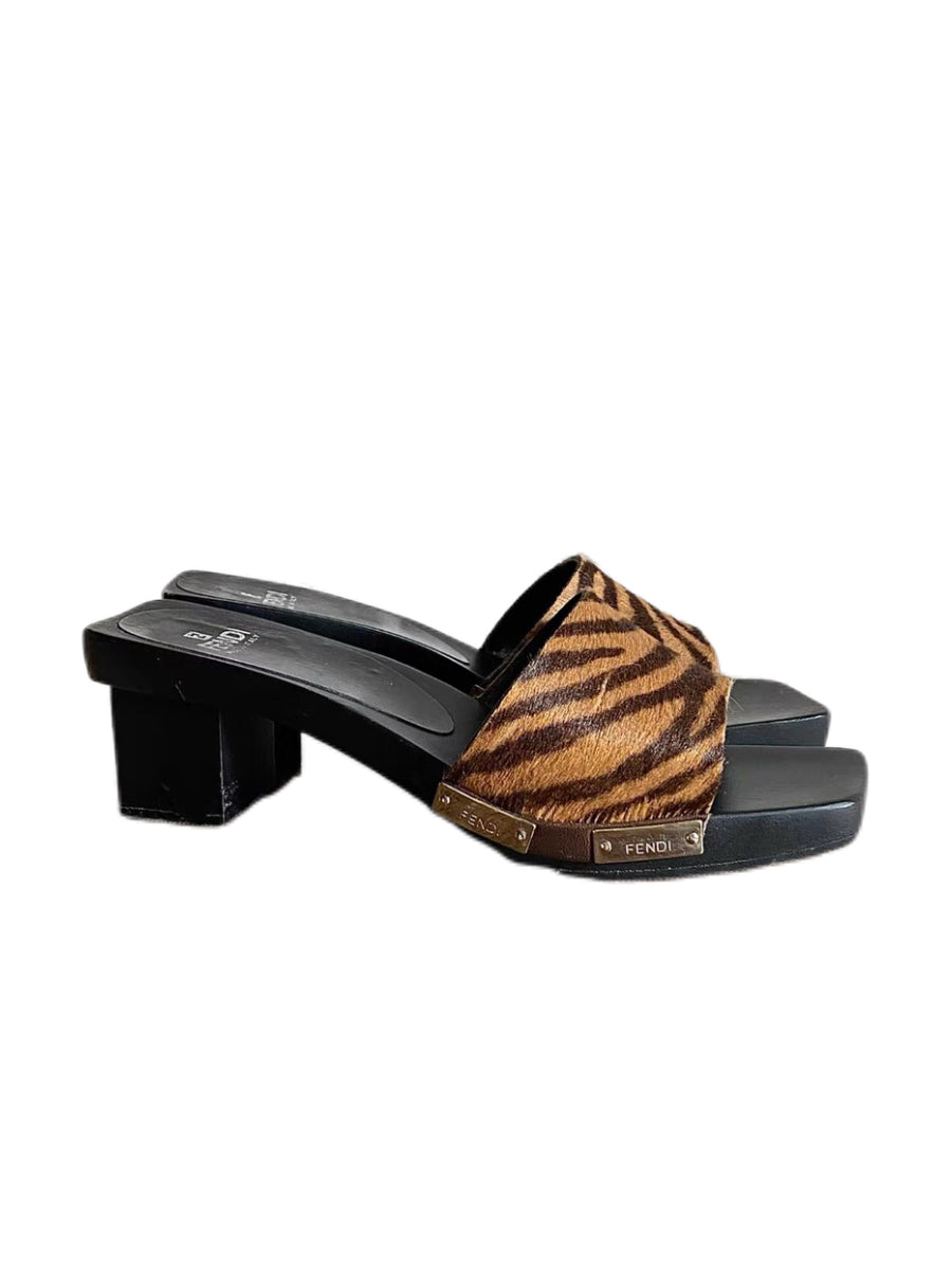 Fendi Zebra Print Pony Hair Slide Sandals Wooden Platform Heel Vintage Archive Mule Heels