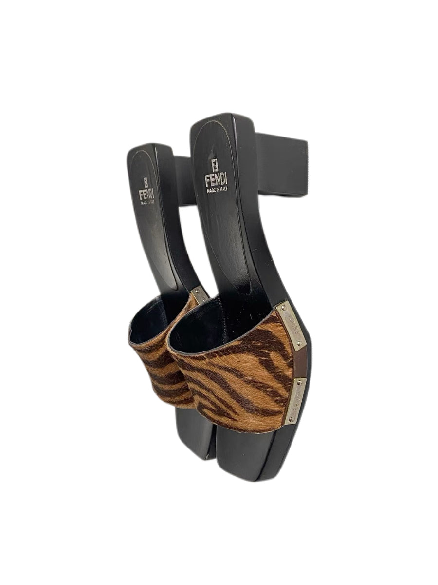 Fendi Zebra Print Pony Hair Slide Sandals Wooden Platform Heel Vintage Archive Mule Heels