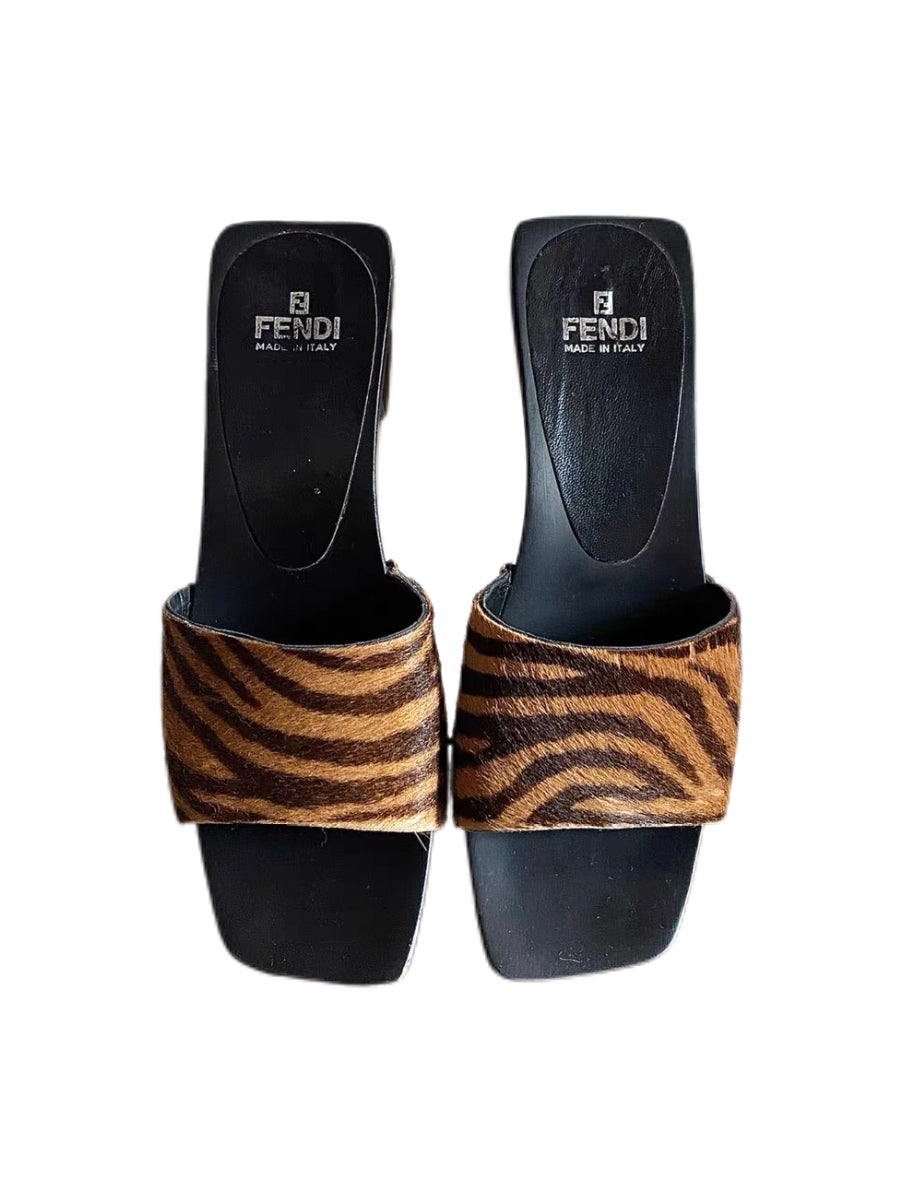 Fendi Zebra Print Pony Hair Slide Sandals Wooden Platform Heel Vintage Archive Mule Heels