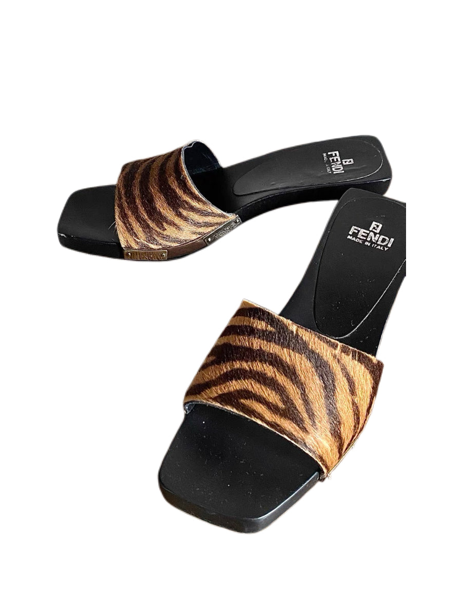 Fendi Zebra Print Pony Hair Slide Sandals Wooden Platform Heel Vintage Archive Mule Heels