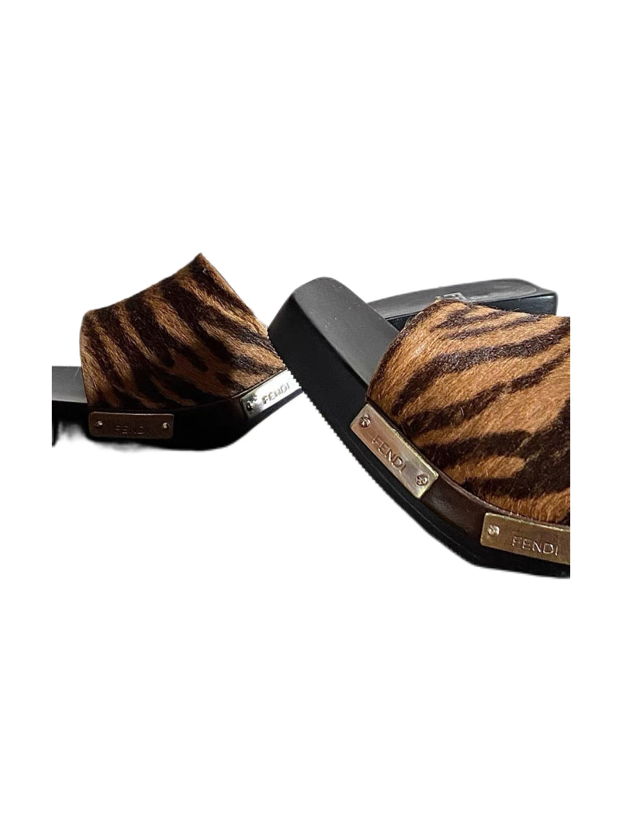 Fendi Zebra Print Pony Hair Slide Sandals Wooden Platform Heel Vintage Archive Mule Heels