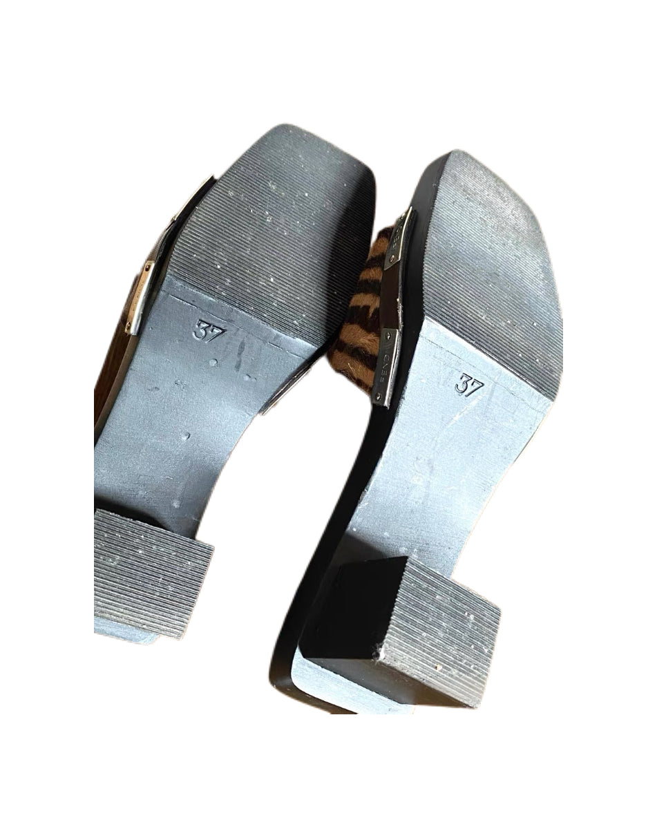 Fendi Zebra Print Pony Hair Slide Sandals Wooden Platform Heel Vintage Archive Mule Heels