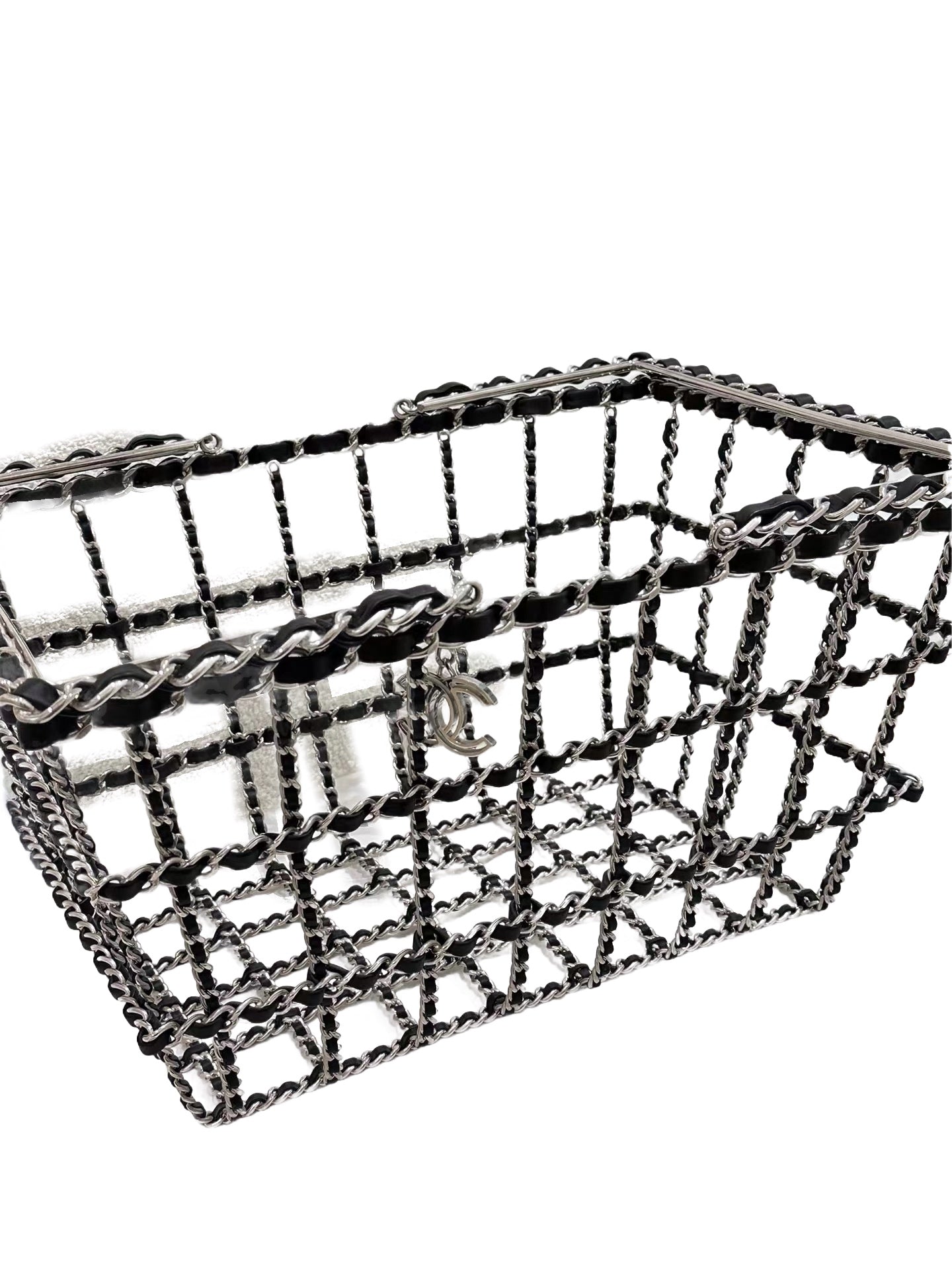 CHANEL Chain-Link Cage Basket Bag with Interlaced Leather & CC Charm (Runway Collector’s Piece)