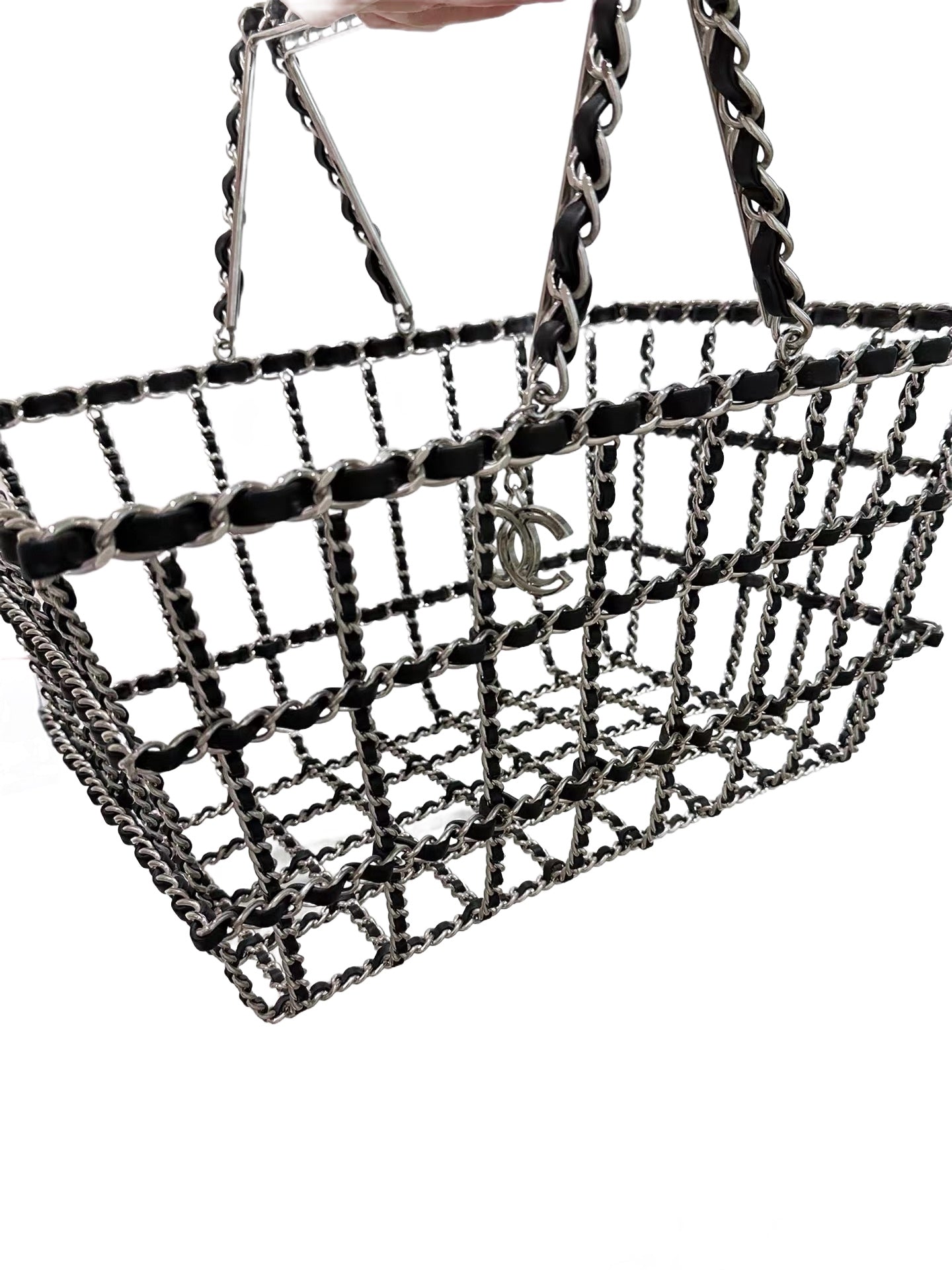 CHANEL Chain-Link Cage Basket Bag with Interlaced Leather & CC Charm (Runway Collector’s Piece)