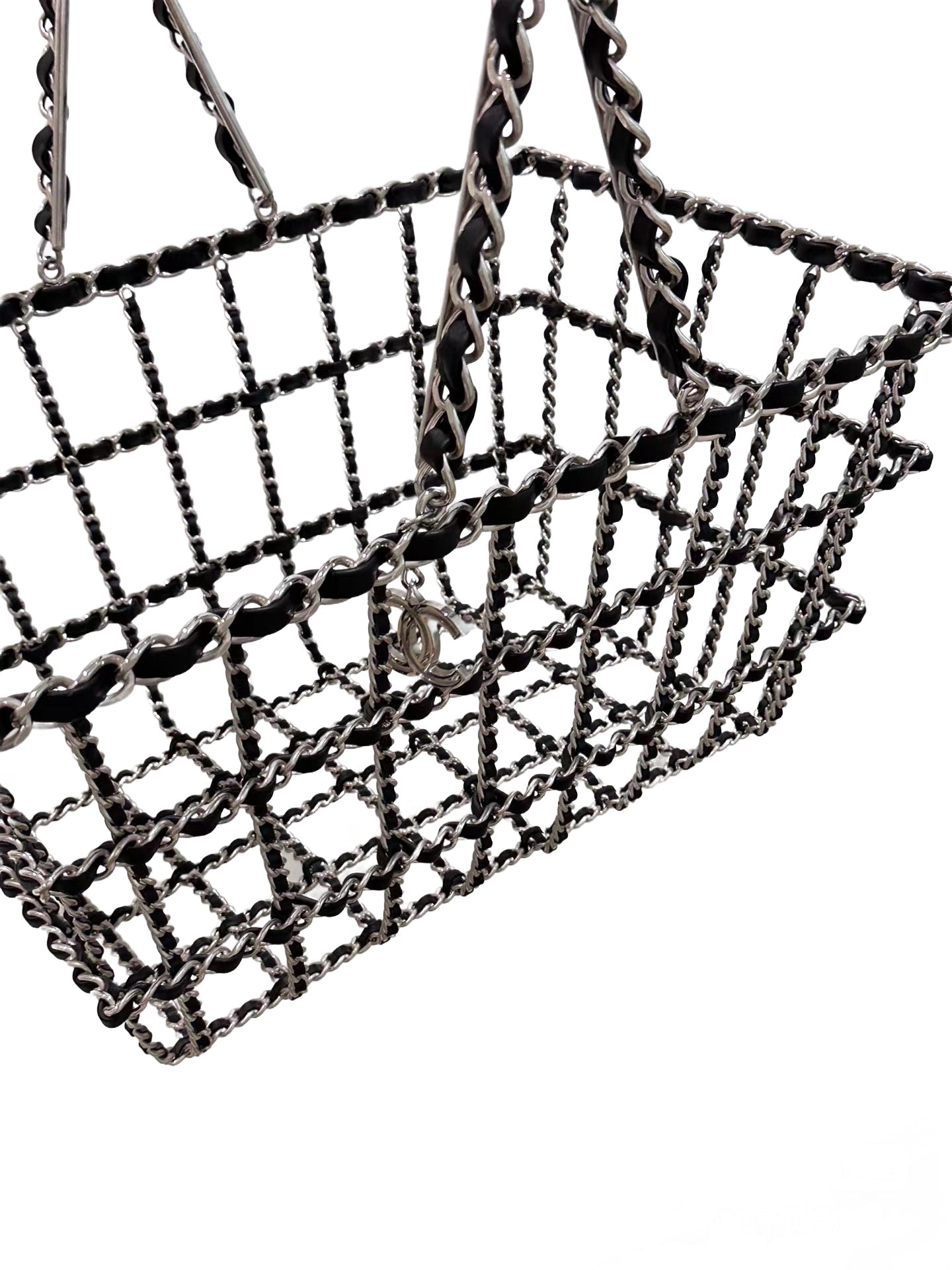 CHANEL Chain-Link Cage Basket Bag with Interlaced Leather & CC Charm (Runway Collector’s Piece)