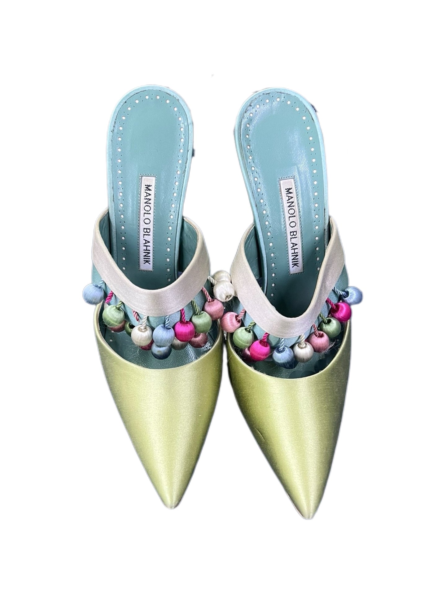 Manolo Blahnik Green Satin Runway Heels Pastel Beaded Mule Pumps Pointed Toe Size 40