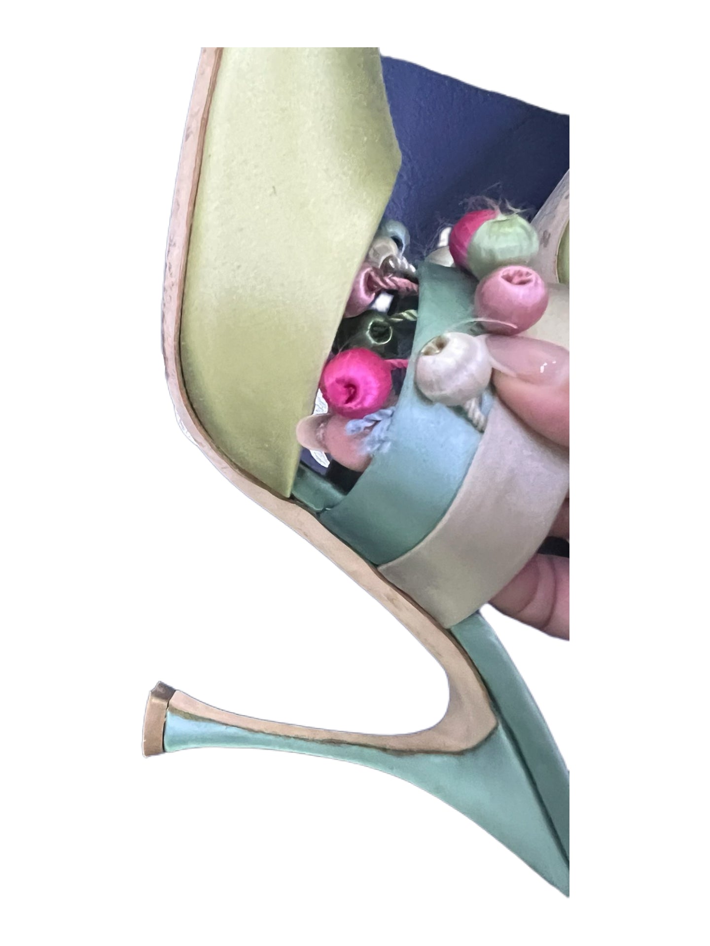 Manolo Blahnik Green Satin Runway Heels Pastel Beaded Mule Pumps Pointed Toe Size 40