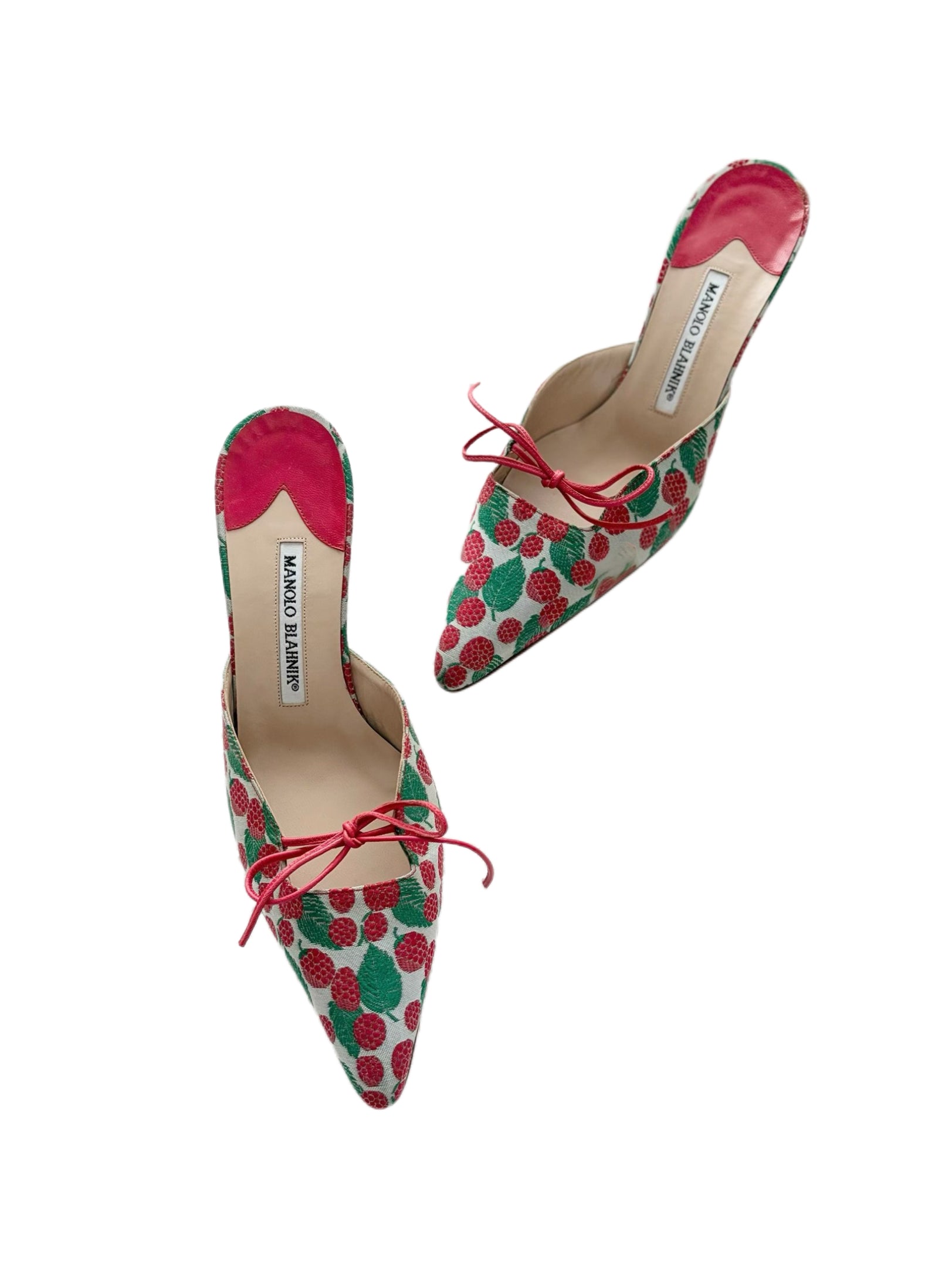 Manolo Blahnik Strawberry Print Kitten Heel Mules Pointed Toe Satin Heels Size 39