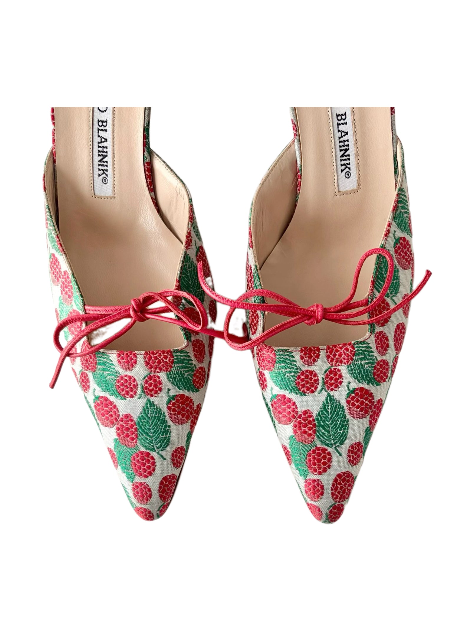 Manolo Blahnik Strawberry Print Kitten Heel Mules Pointed Toe Satin Heels Size 39