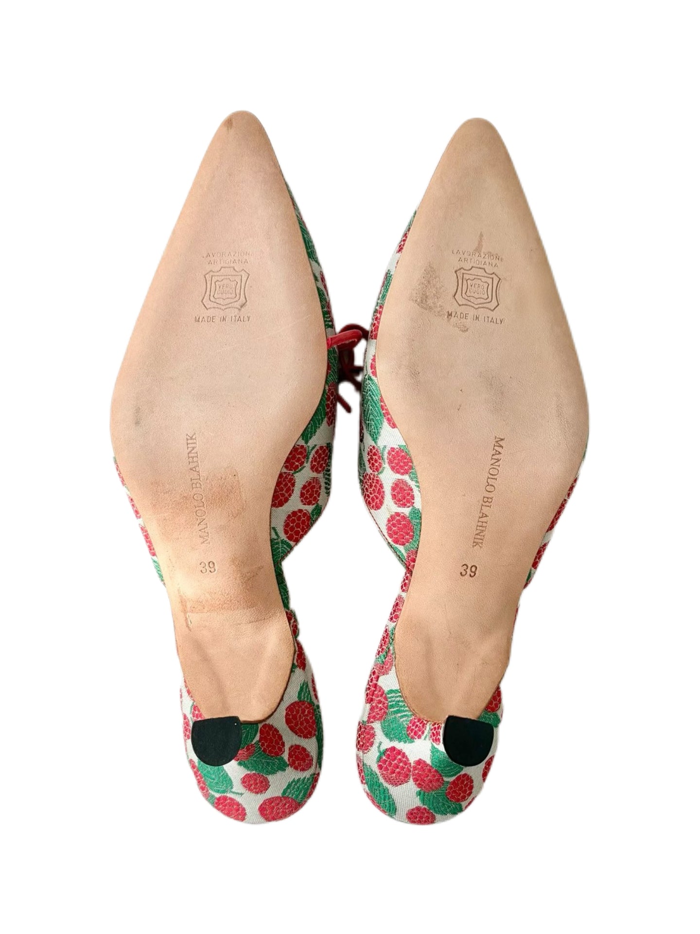 Manolo Blahnik Strawberry Print Kitten Heel Mules Pointed Toe Satin Heels Size 39