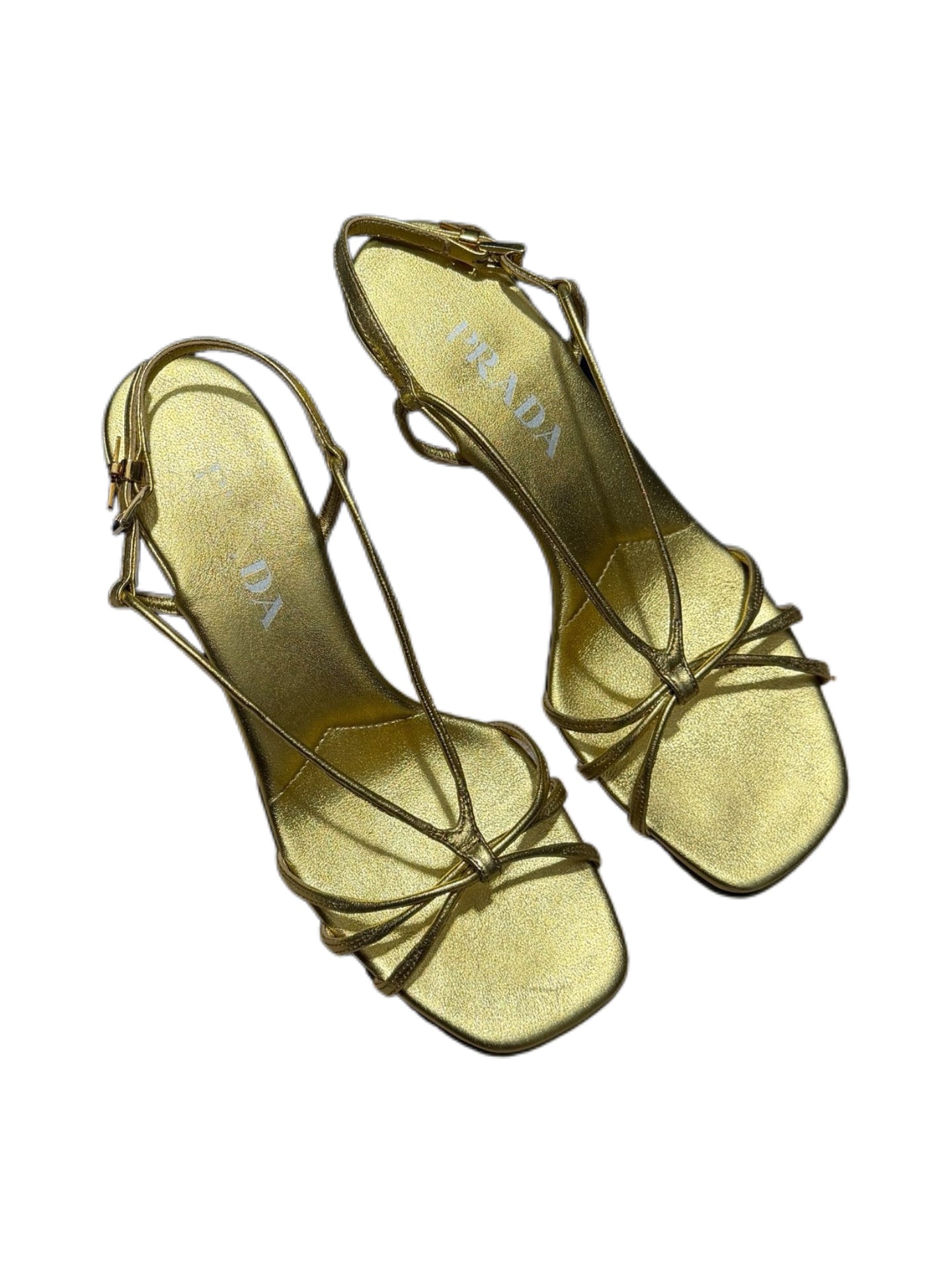 PRADA Gold Metallic Bow Strap Heels Vintage Inspired Sandals Rare Minimalist Evening Shoes